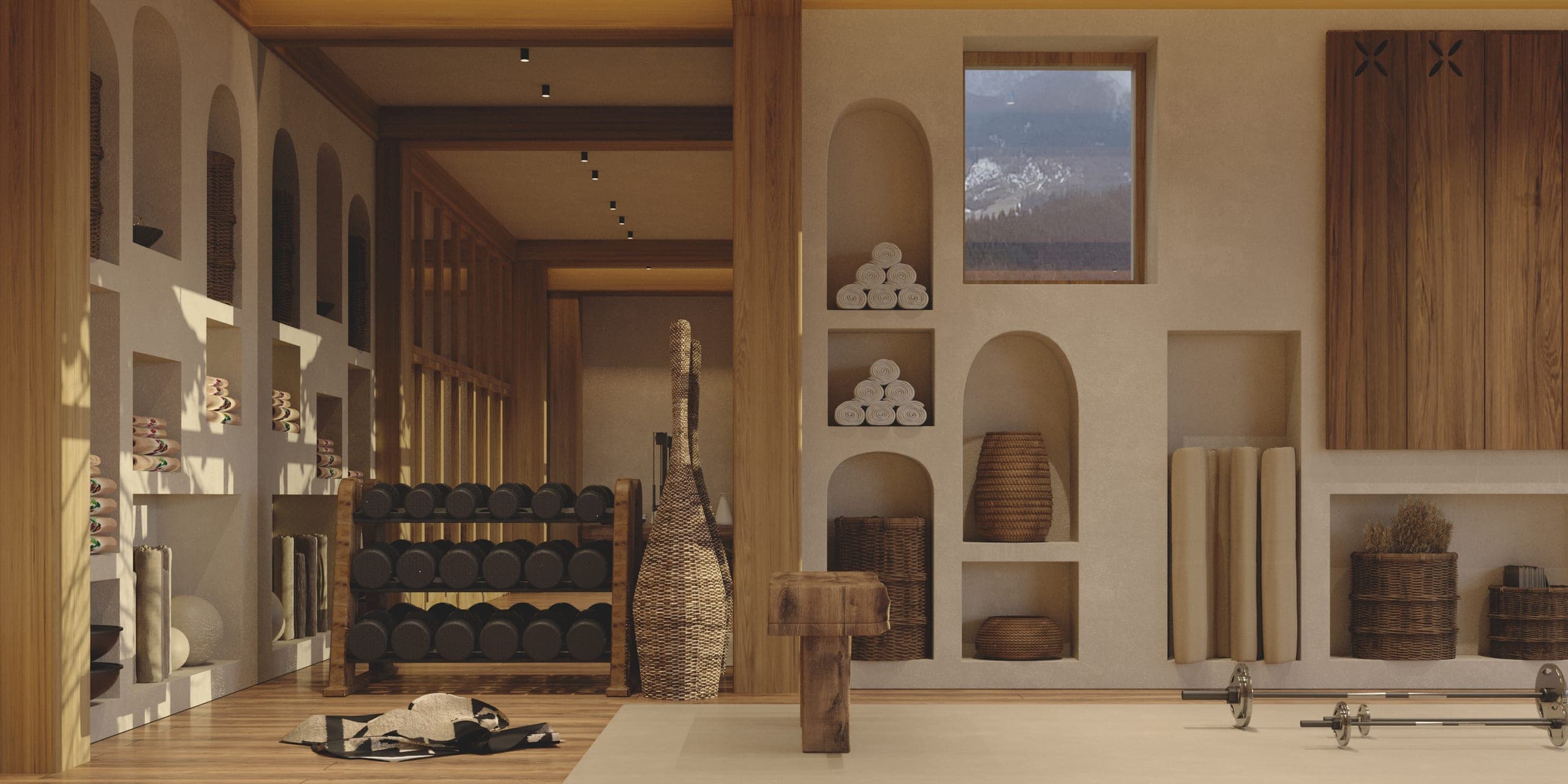 Fitness Studio: equipment wall with arched niches and timber storage