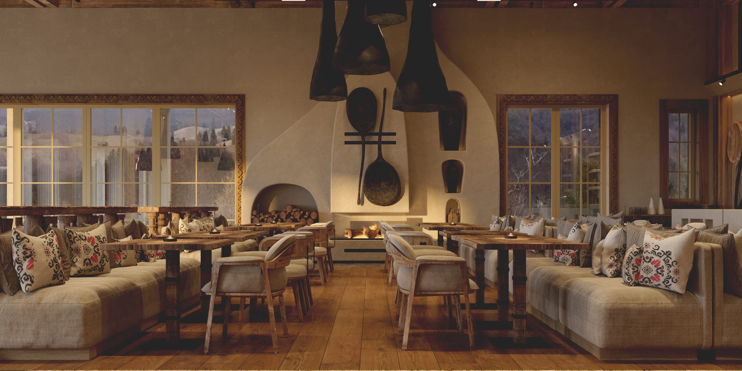 Stup Restaurant: dining room with bell-shaped pendant lights and embroidered seating