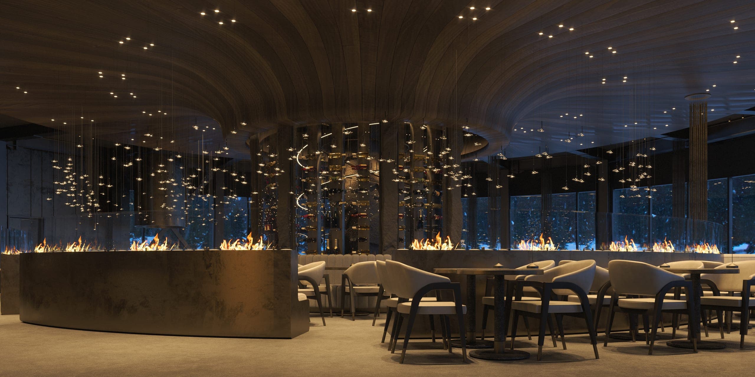 Hotel Peștera restaurant: linear fireplace counter in front of the dining room, scattered pendant lights above