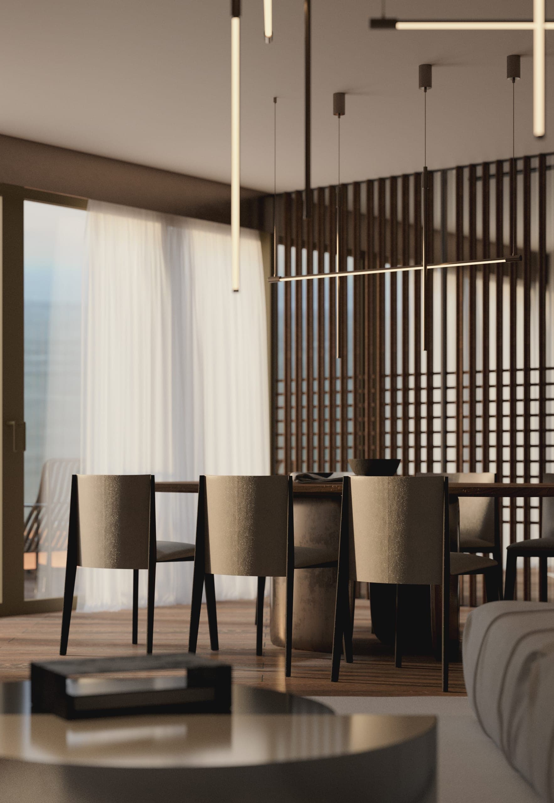 Opera Residence Apartment: dining table and slatted timber screen with a view through to the living area