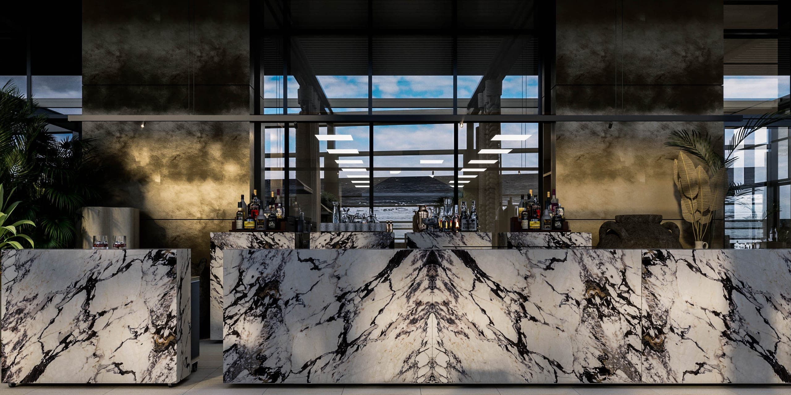 Opera Residence Restaurant: veined stone bar beneath a dark stone canopy