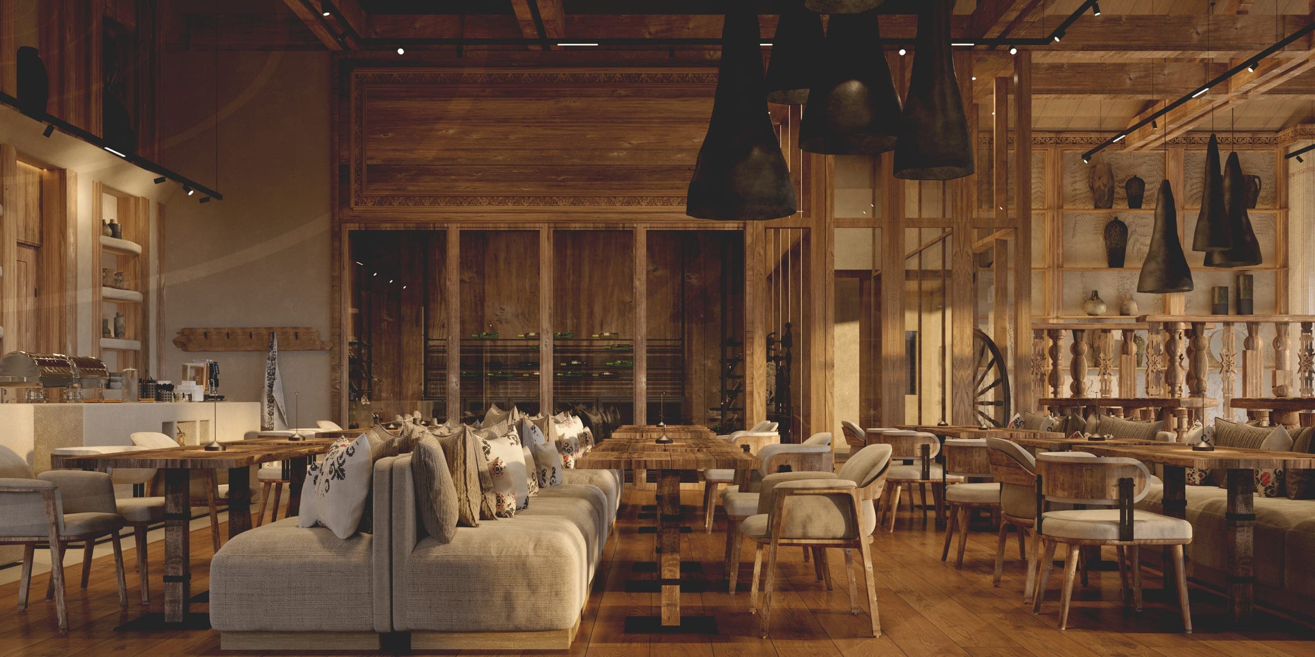 Stup Restaurant: dining room with a timber gallery and clusters of dark pendants