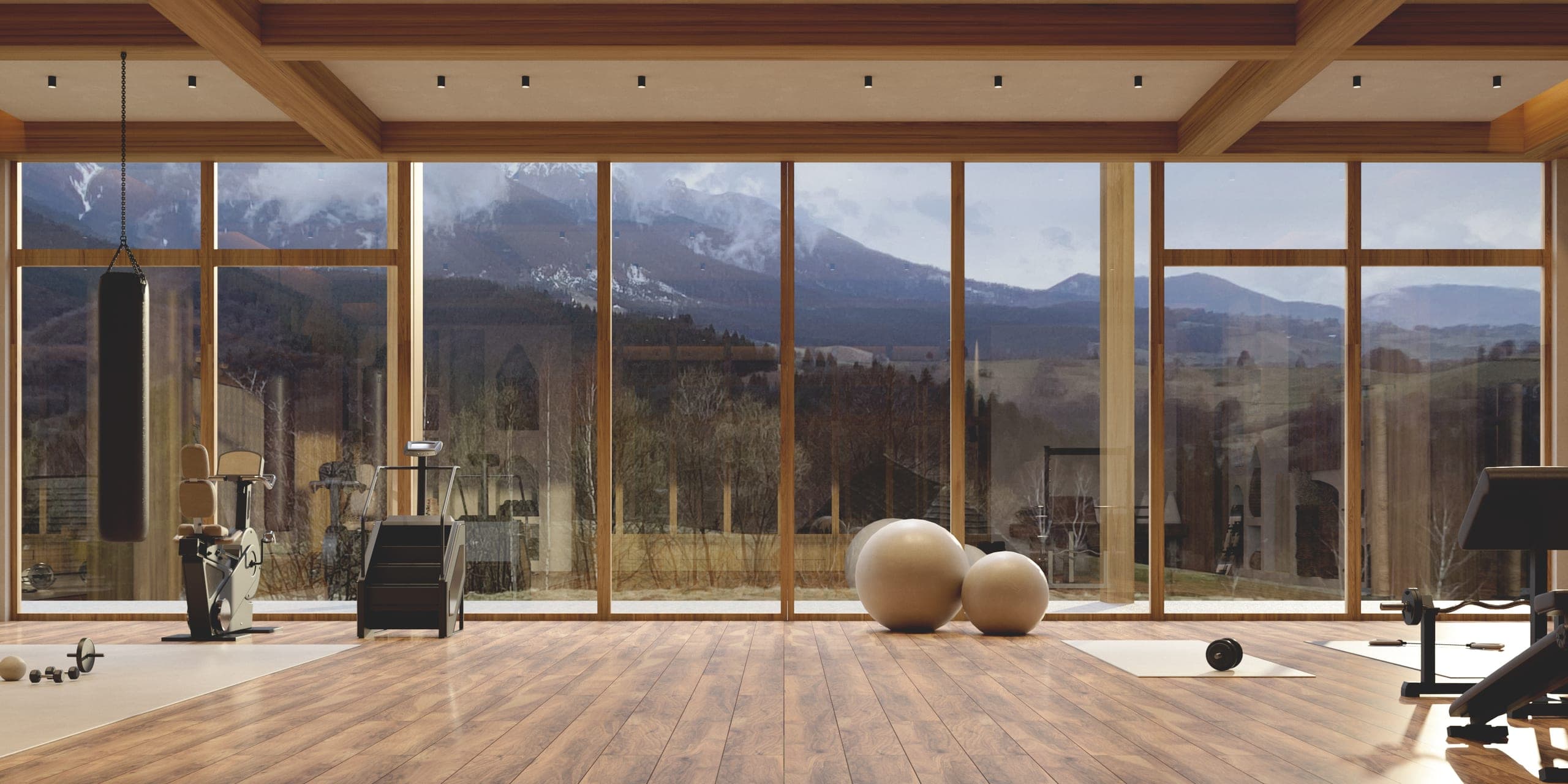 Fitness Studio: exercise equipment facing a wall of windows onto the mountains
