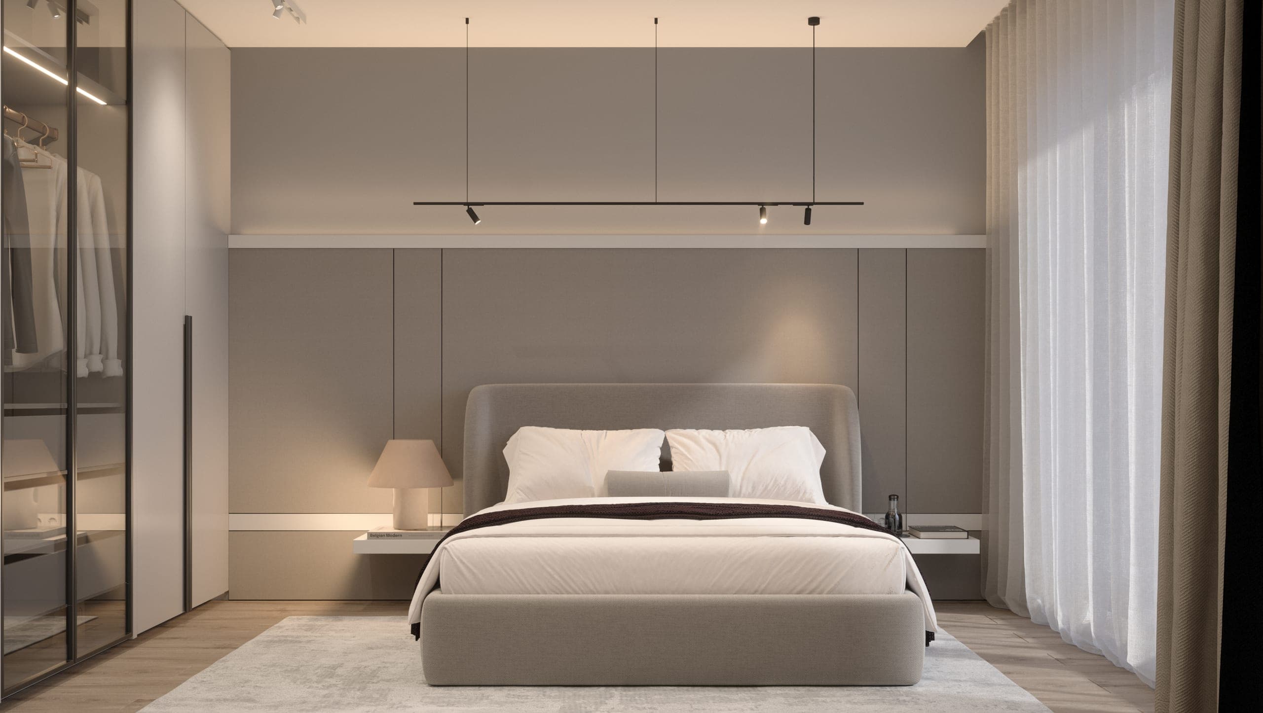 Băneasa House: bedroom with an upholstered bed, glazed wardrobe and track lighting
