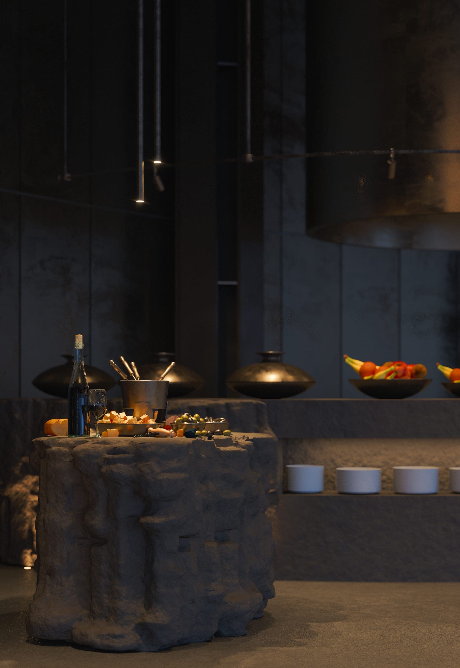 Hotel Peștera restaurant: buffet on a rough stone plinth