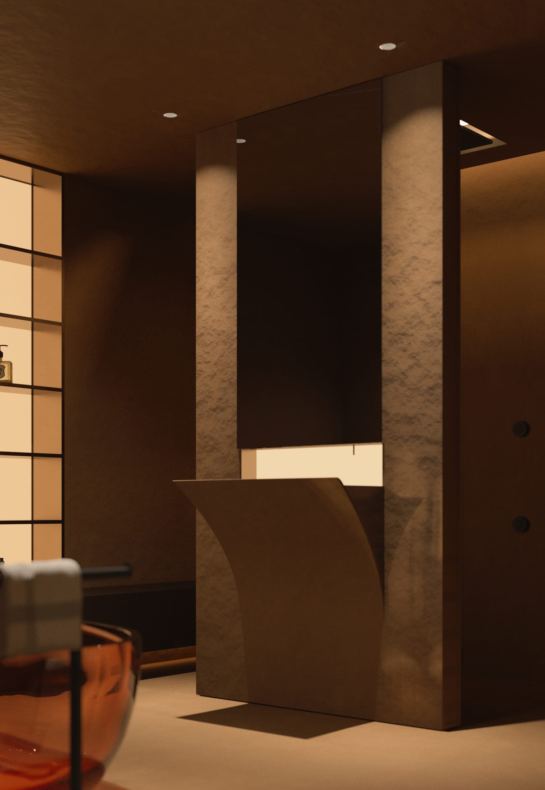 Opera Residence Apartment: bathroom with stone-clad columns in warm light
