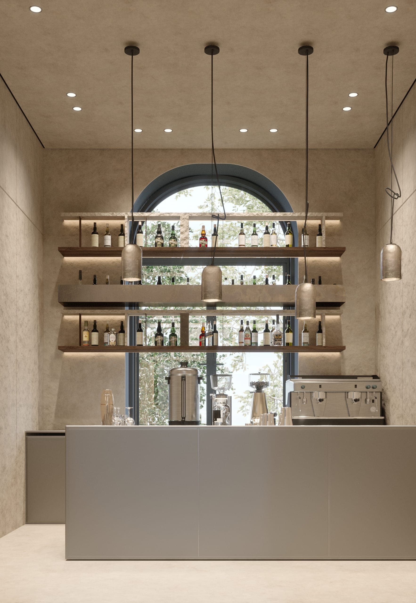 éto: bar with open shelves across an arched window and slim hanging pendants