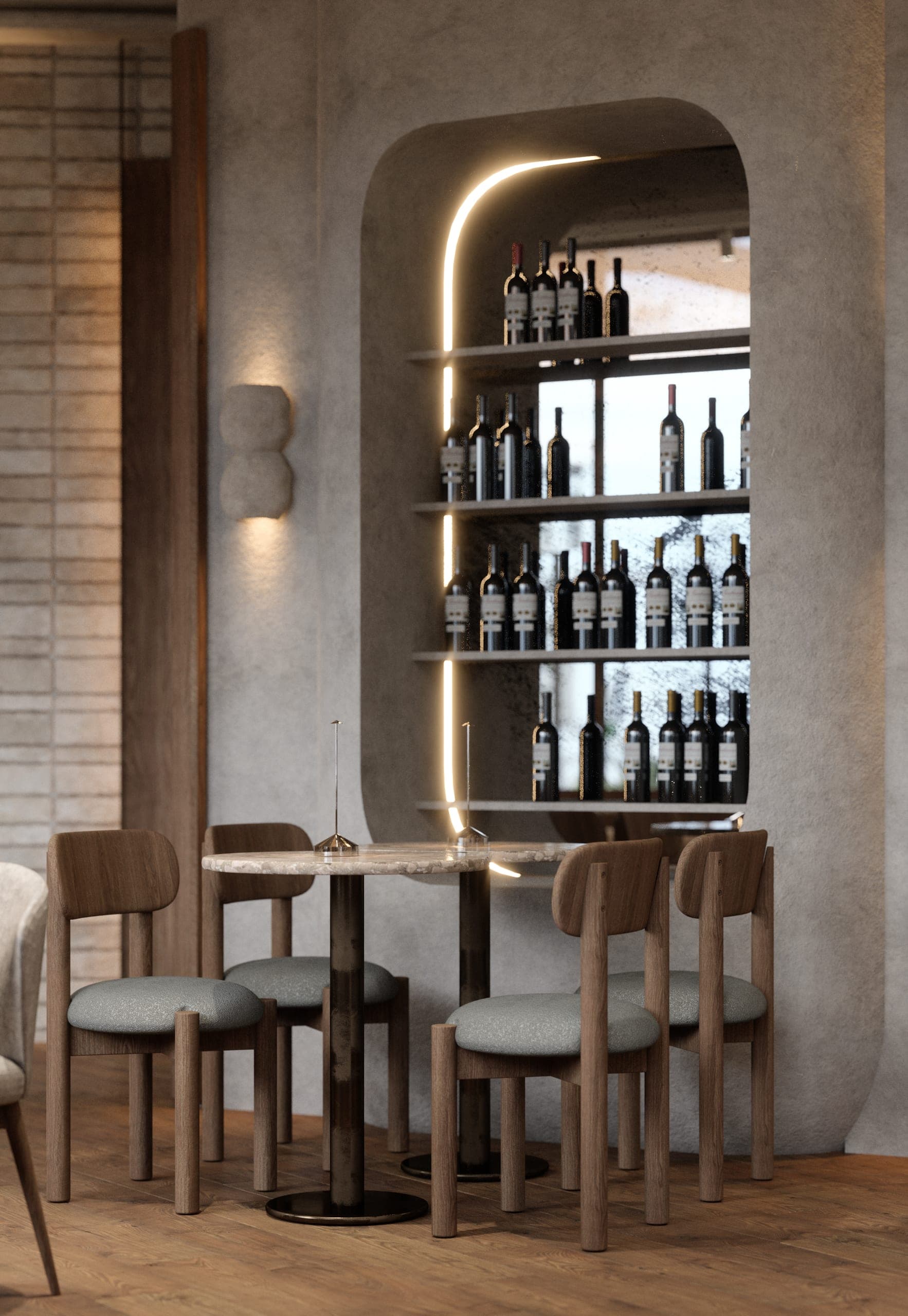 Gran Adamo: arched niche with lit wine shelves above a small table