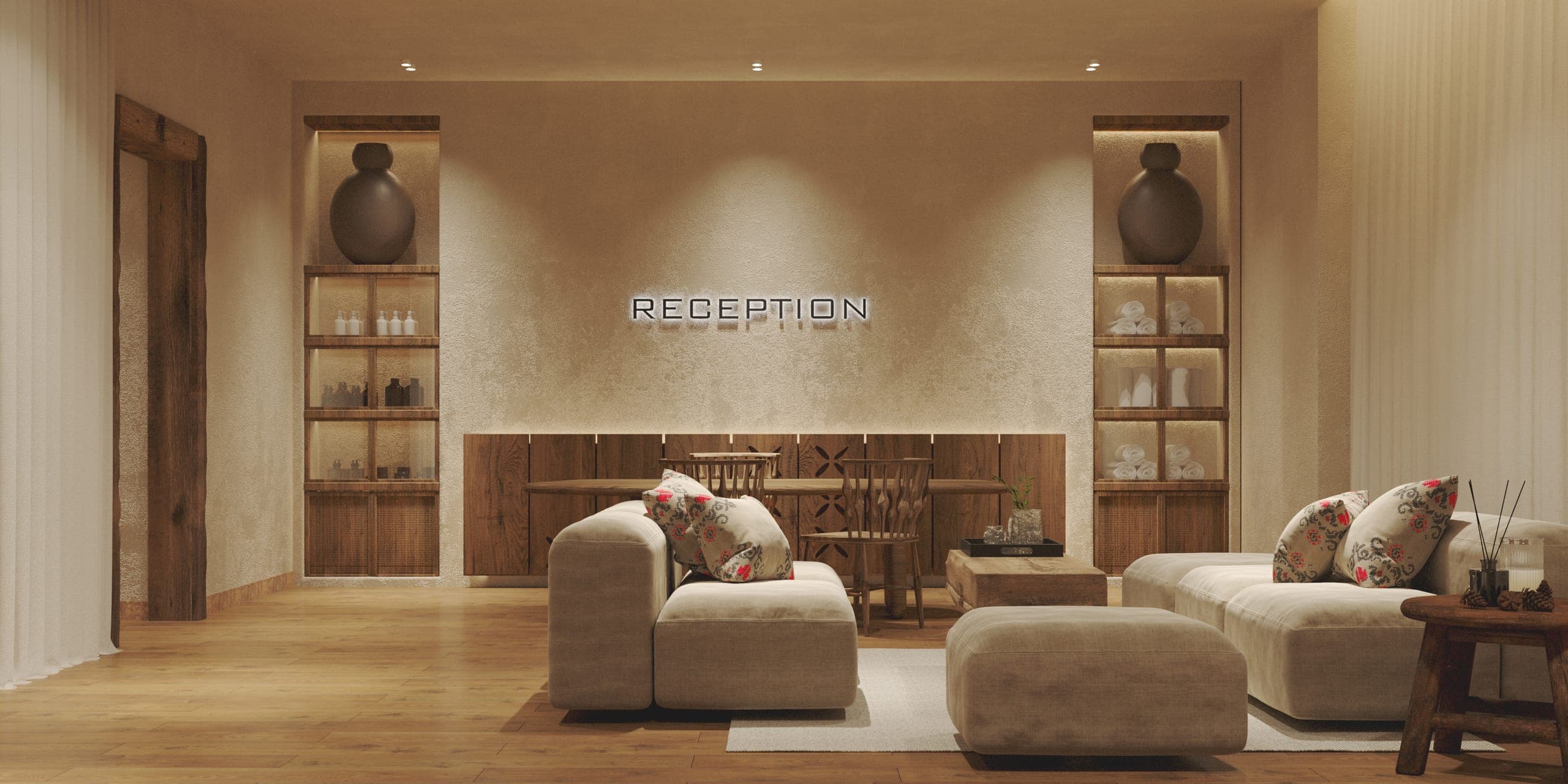 Natura Spa: reception with modular seating and built-in shelving