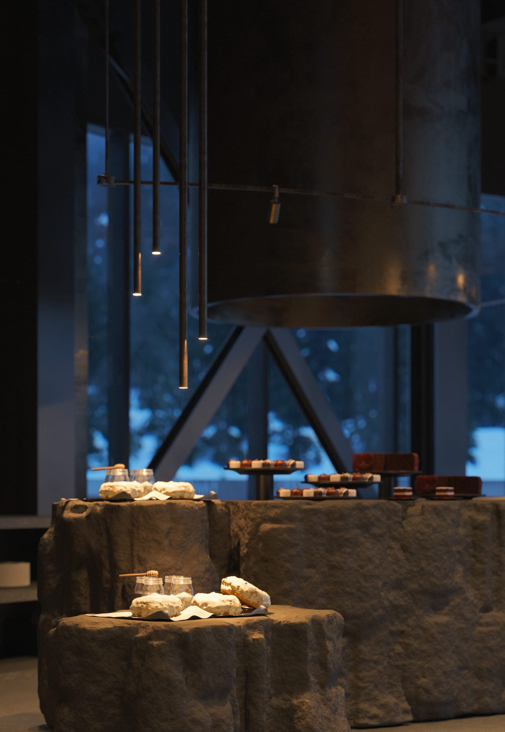 Hotel Peștera restaurant: stone buffet plinths beneath a dark metal hood, snowy forest outside