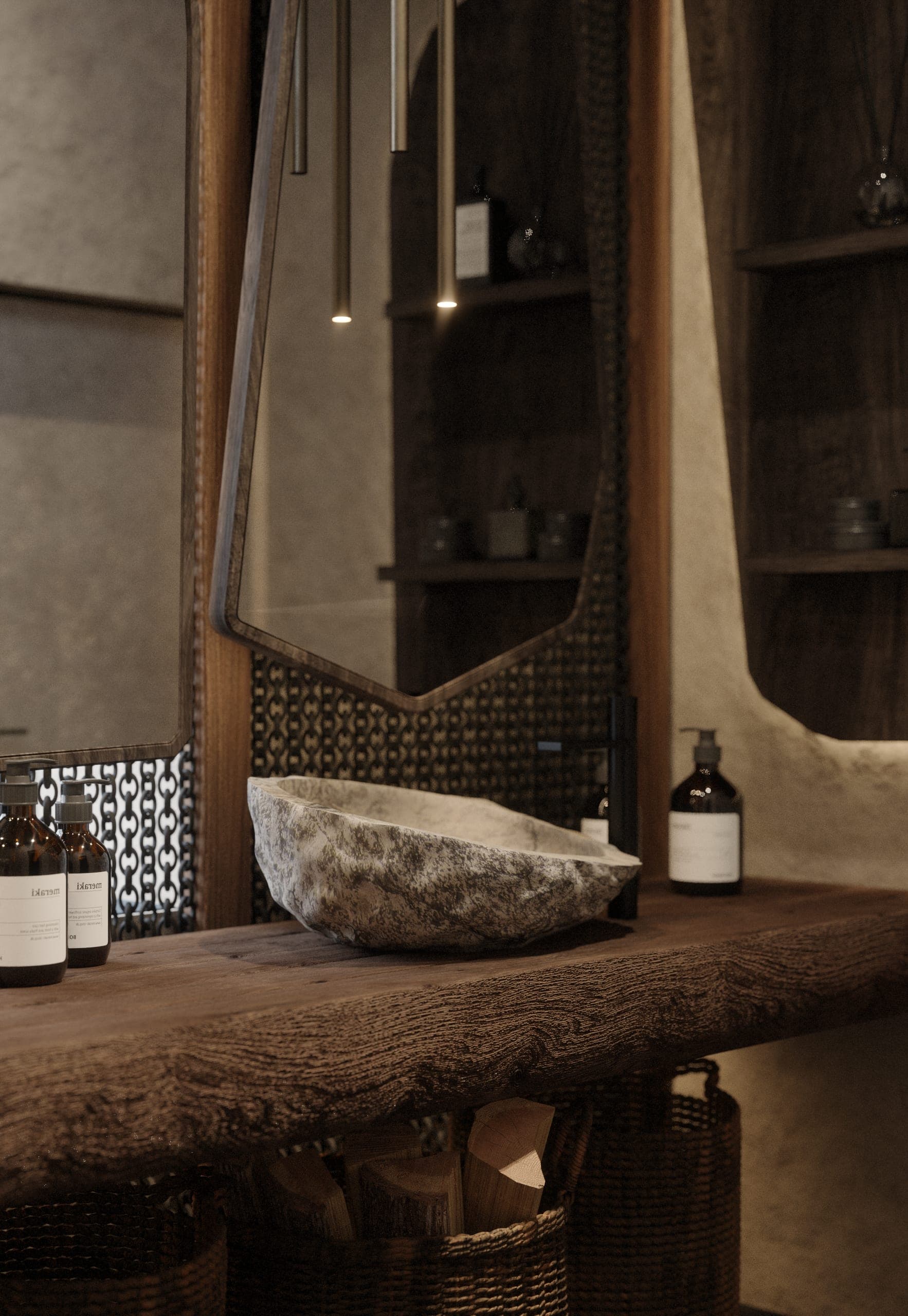 éto: washroom with a rough stone basin on a timber slab and an irregular mirror