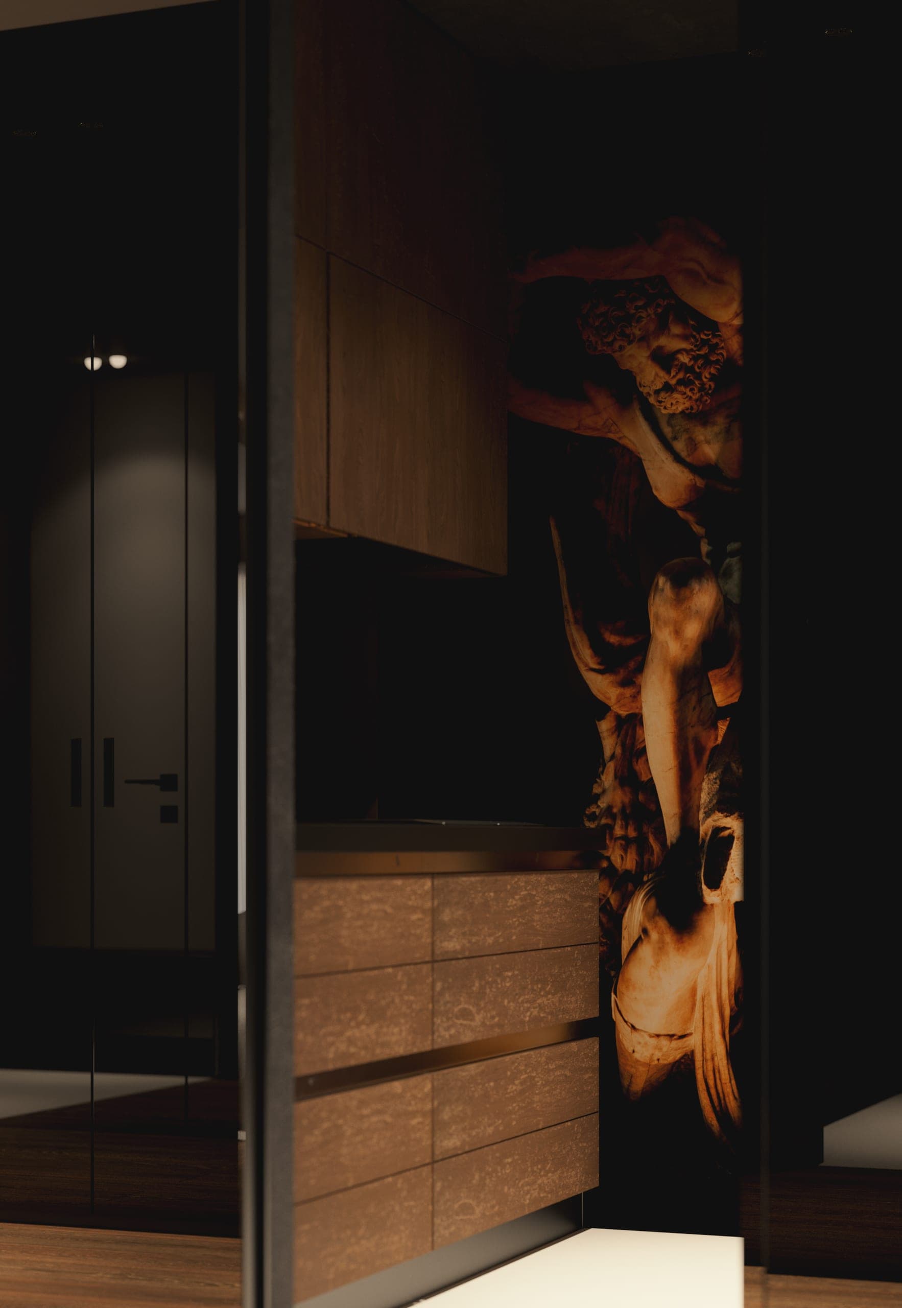 Opera Residence Apartment: dark hallway with a backlit stone panel and timber drawers