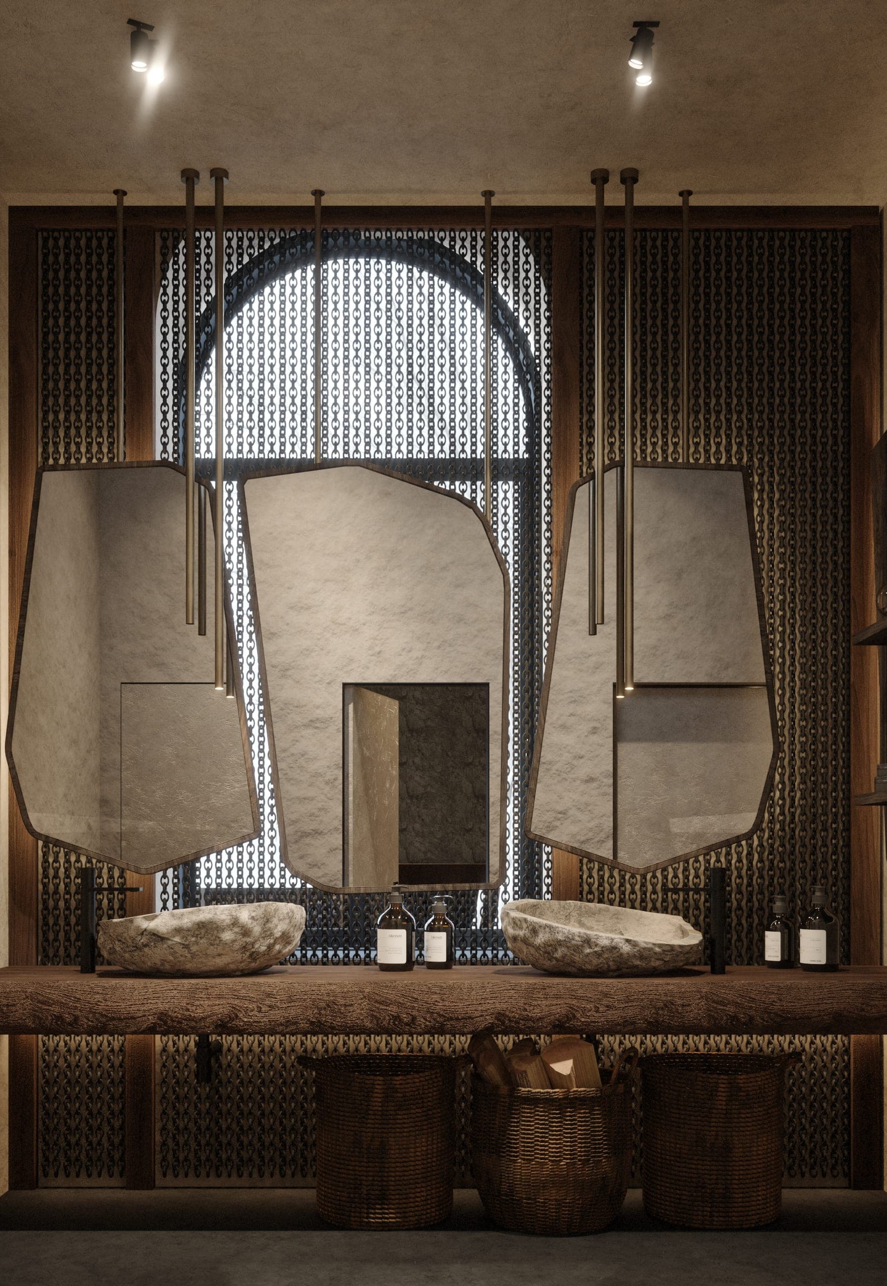 éto: washroom with twin stone basins beneath irregular mirrors