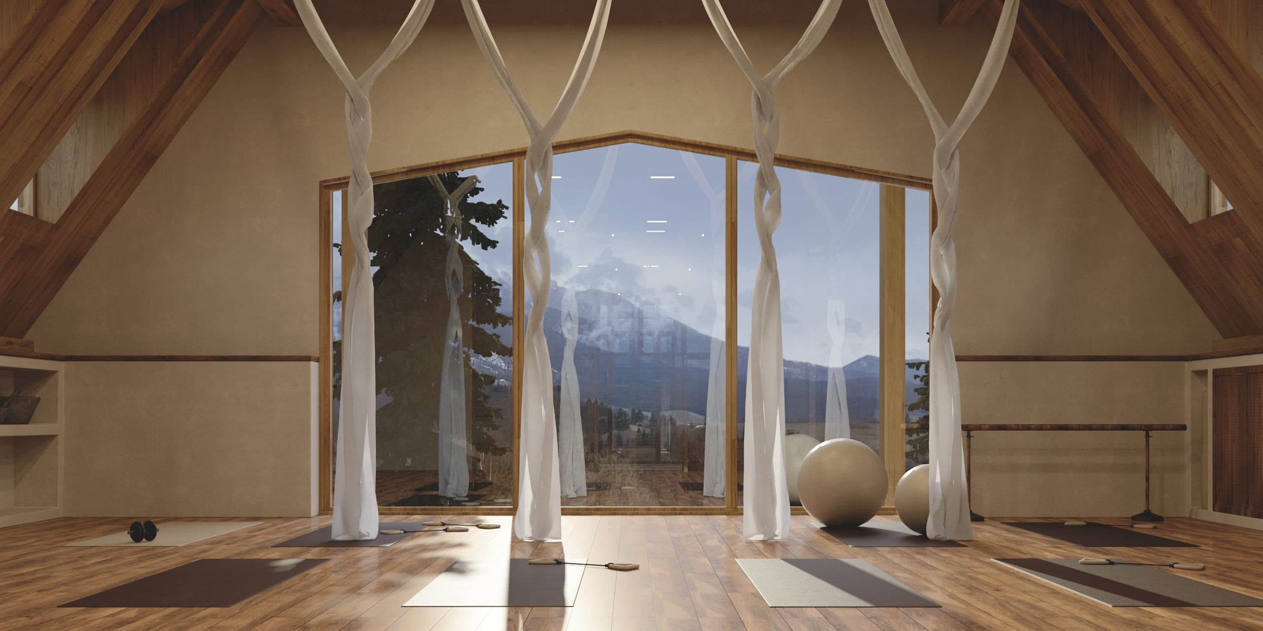 Fitness Studio: studio hall with aerial silks and a wide window to the mountains