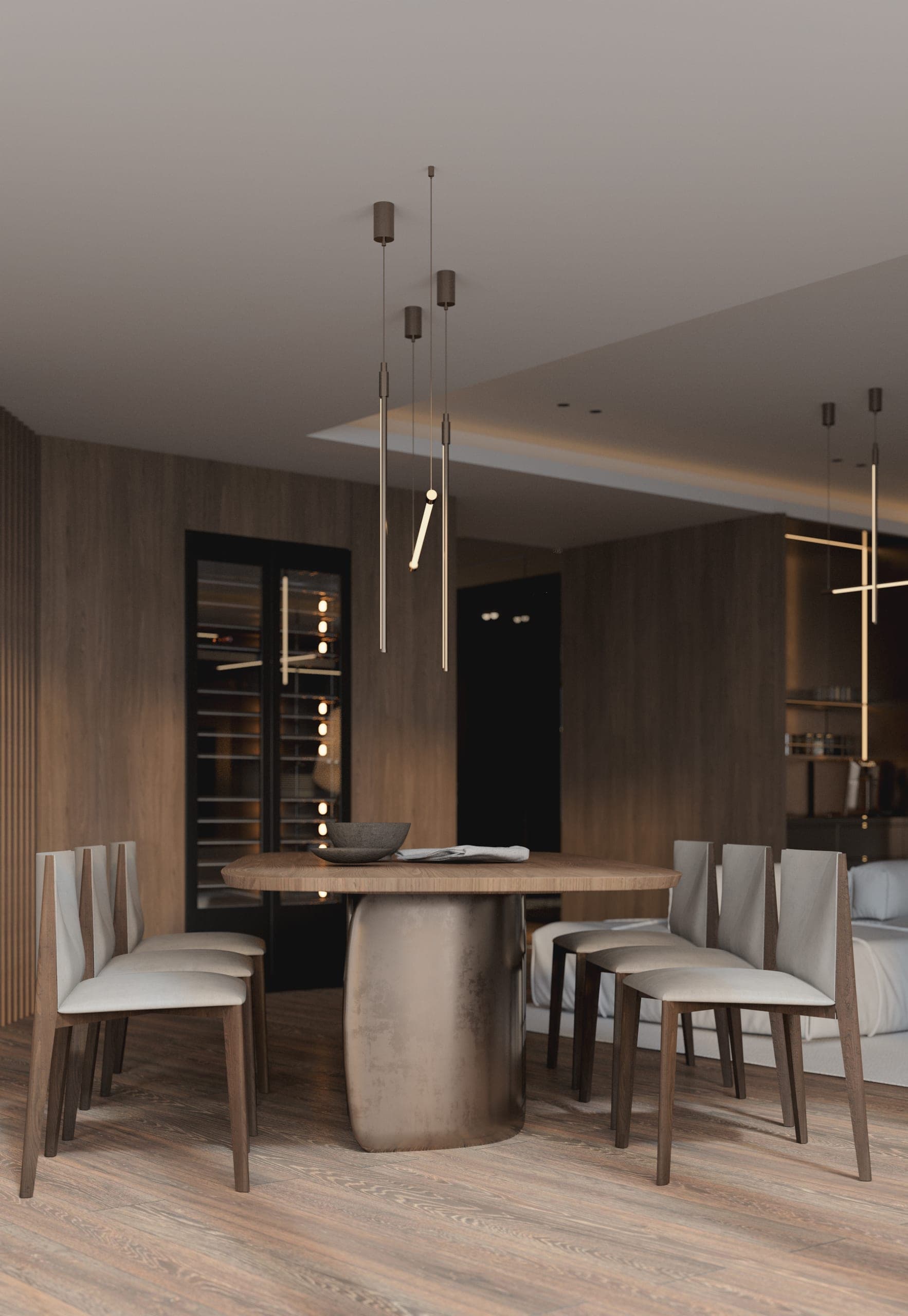 Opera Residence Apartment: dining table beside a wine cabinet