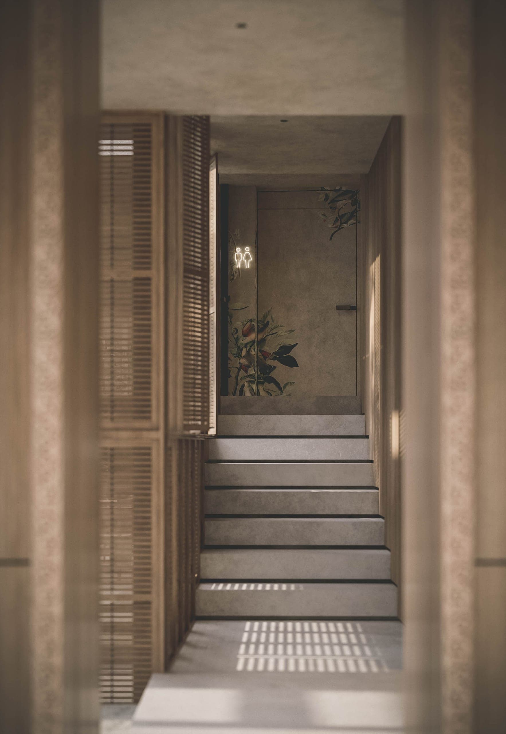 Bosco: staircase behind timber shutters