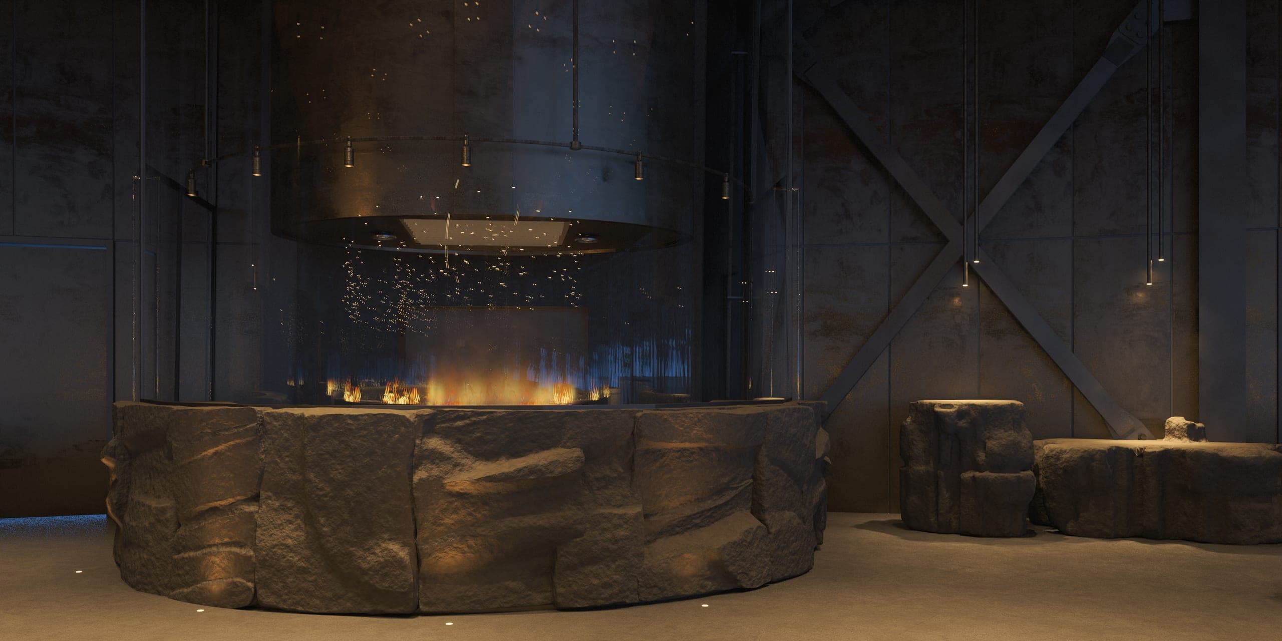 Hotel Peștera restaurant: circular stone hearth beneath a suspended metal hood