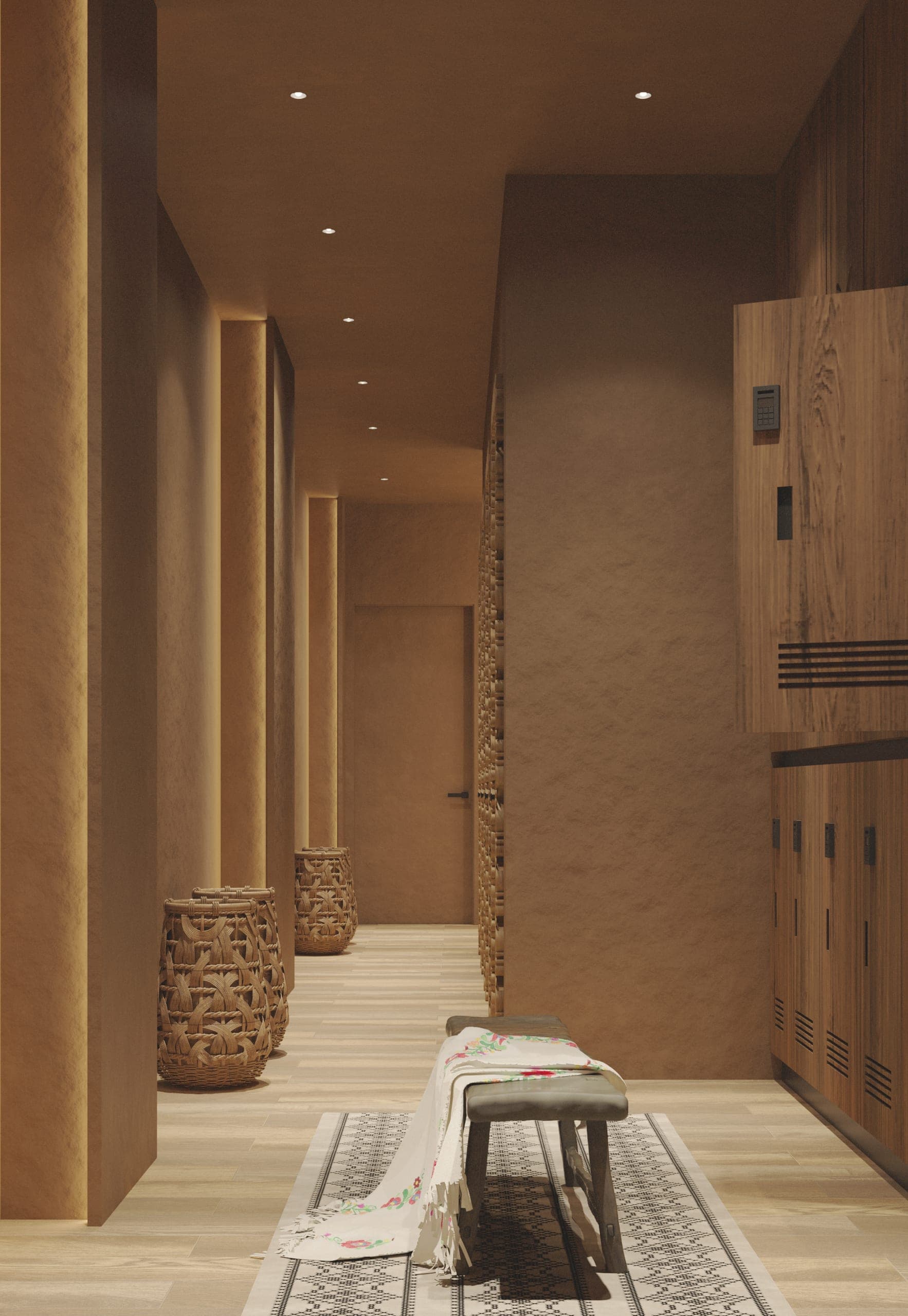 Natura Spa: changing corridor with timber lockers and a bench