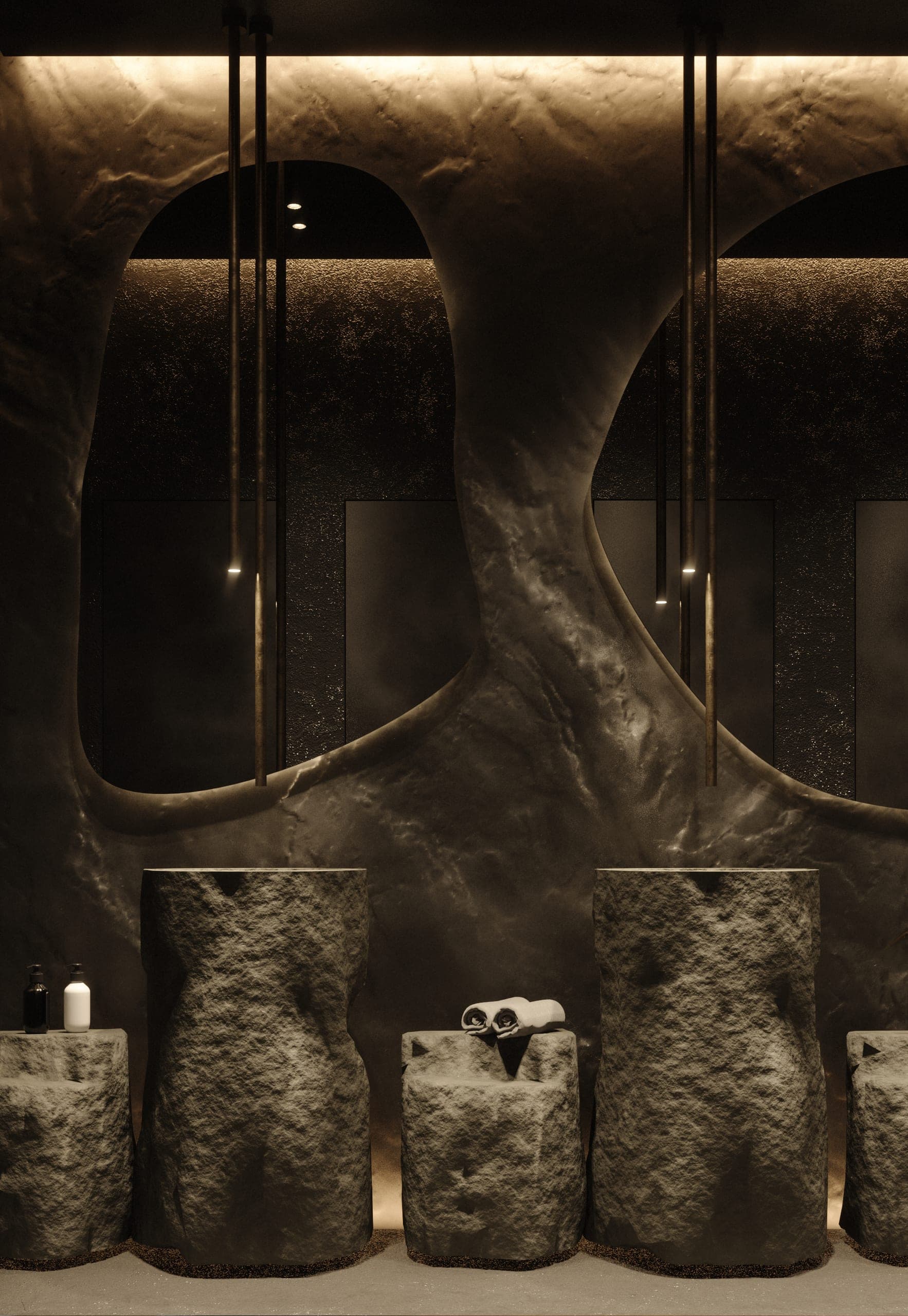 Hotel Peștera restaurant: row of rough stone basins below arched recesses