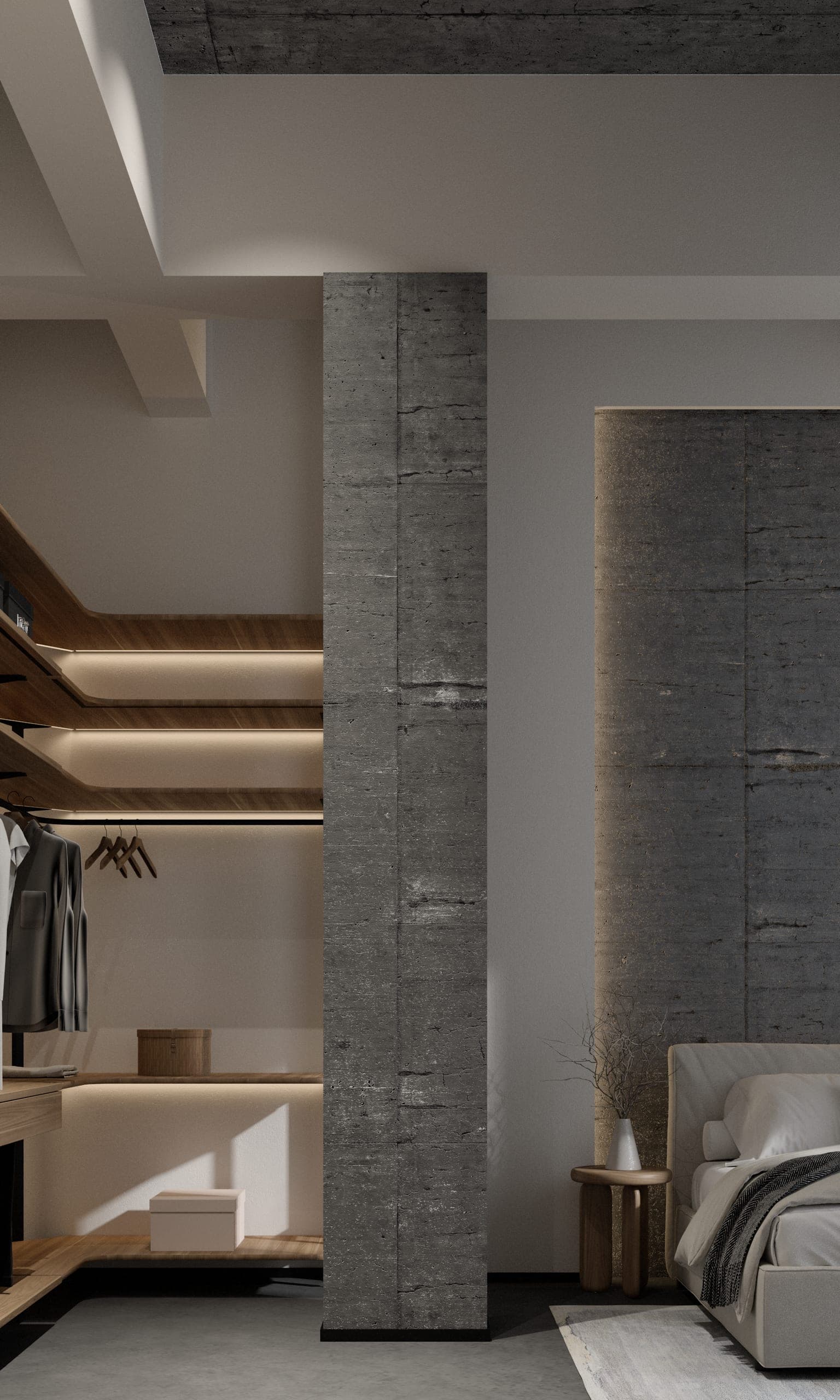 Plauen Apartment: bedroom with a concrete column and an open timber wardrobe