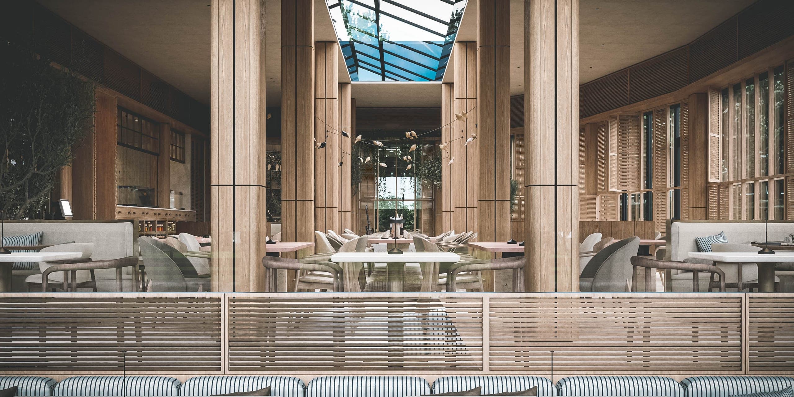 Bosco: dining hall with timber shutters and columns beneath a glass roof