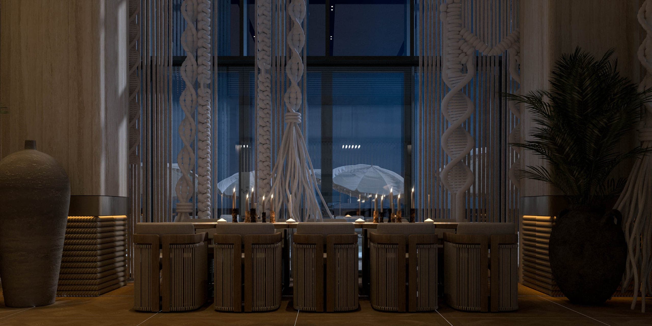 Opera Residence Restaurant: bar stools and rope installations at night