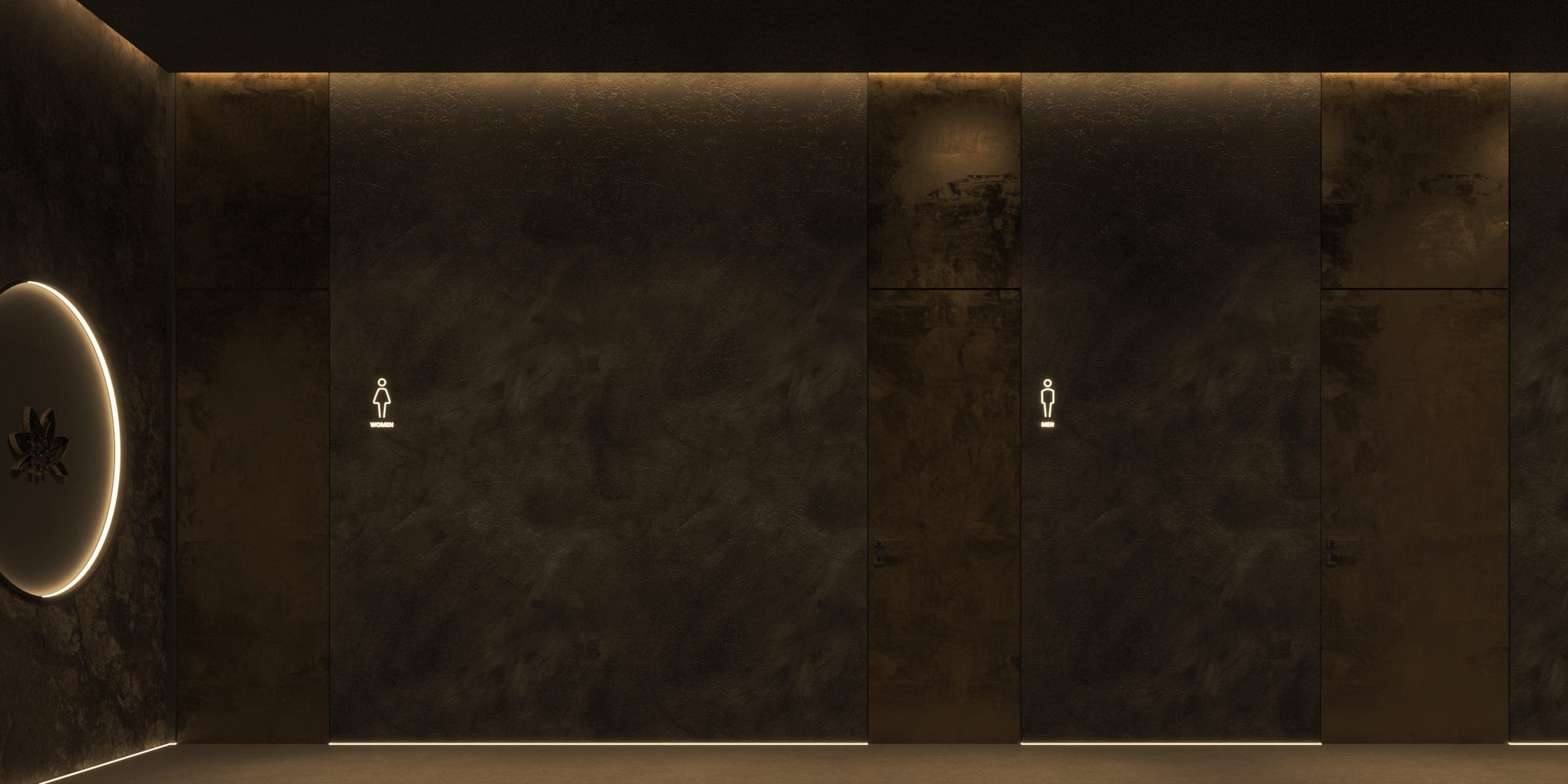 Hotel Peștera: dark stone corridor wall with an illuminated ring