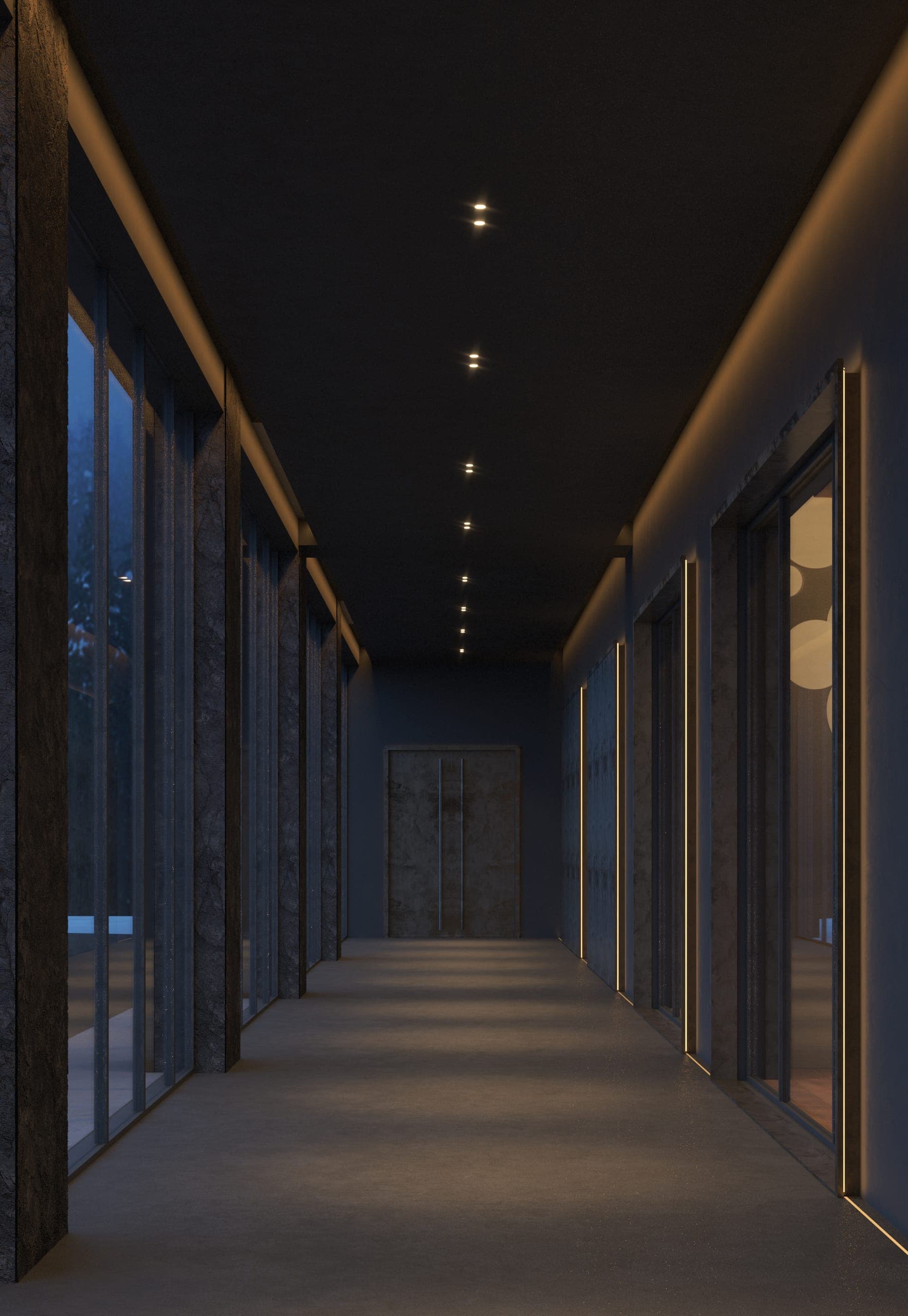 Hotel Peștera: long glazed corridor at dusk with a line of ceiling spotlights