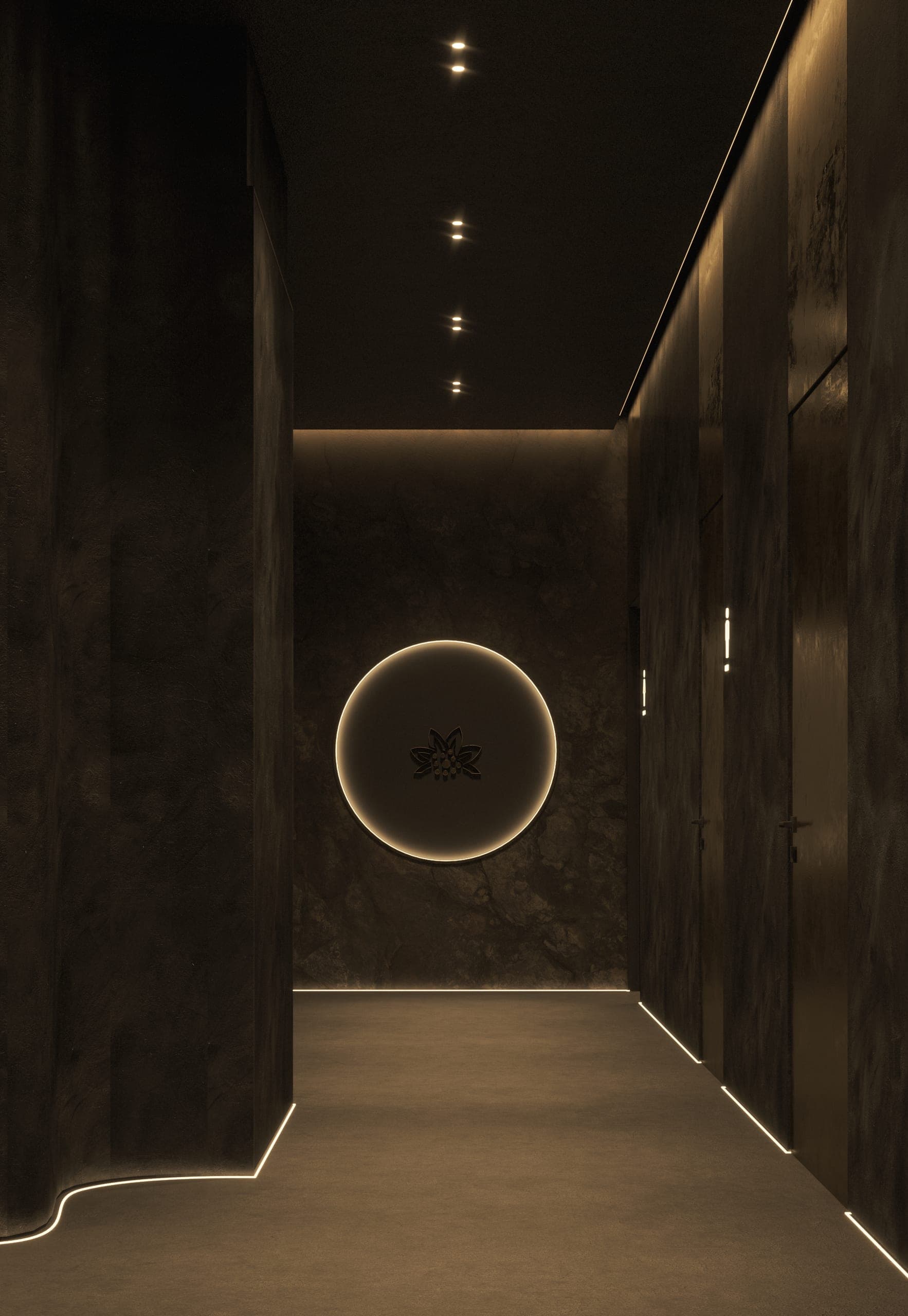 Hotel Peștera: corridor with an illuminated ring and a floor-level line of light