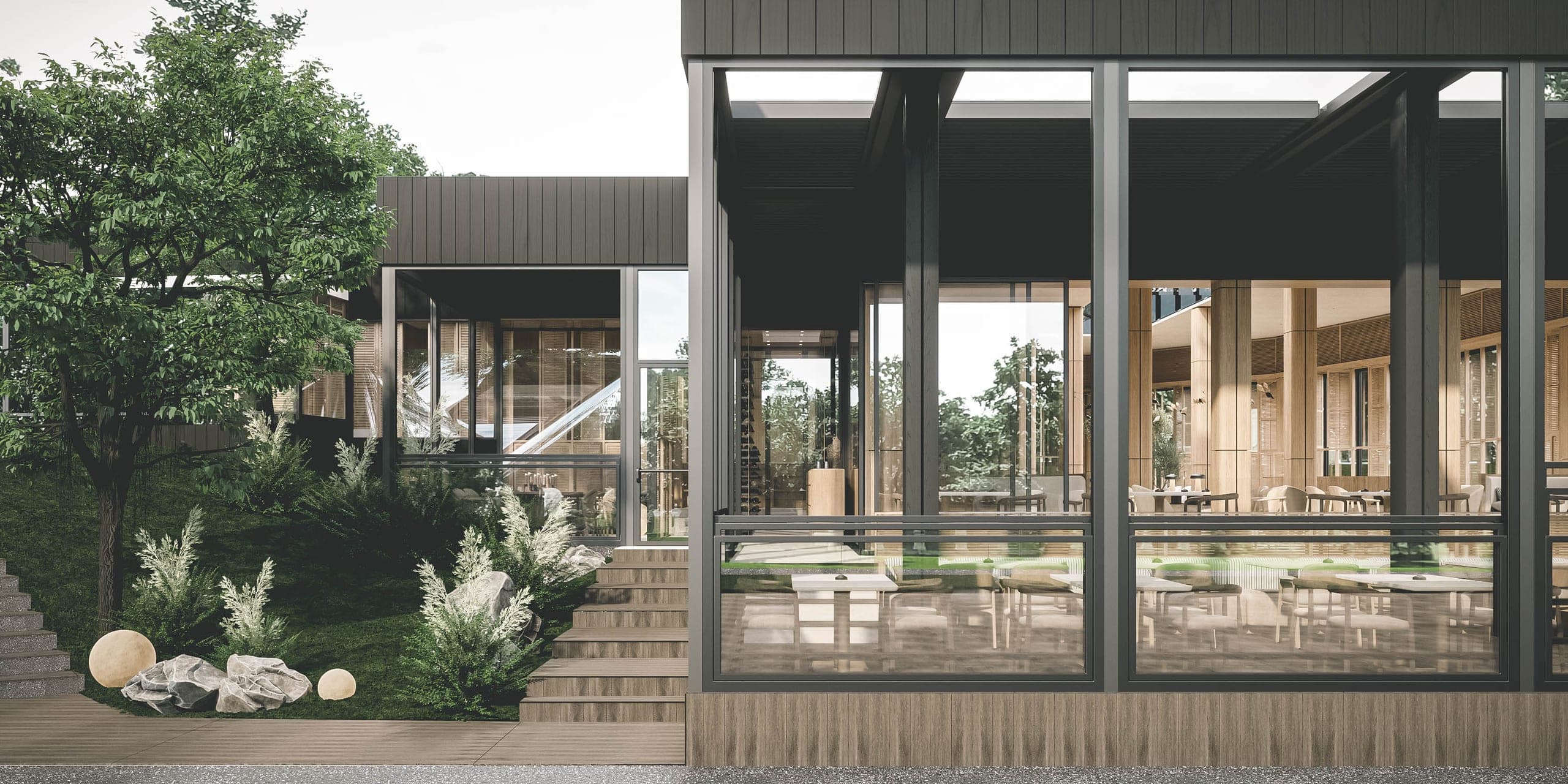 Bosco: glass dining pavilion opening onto a planted terrace