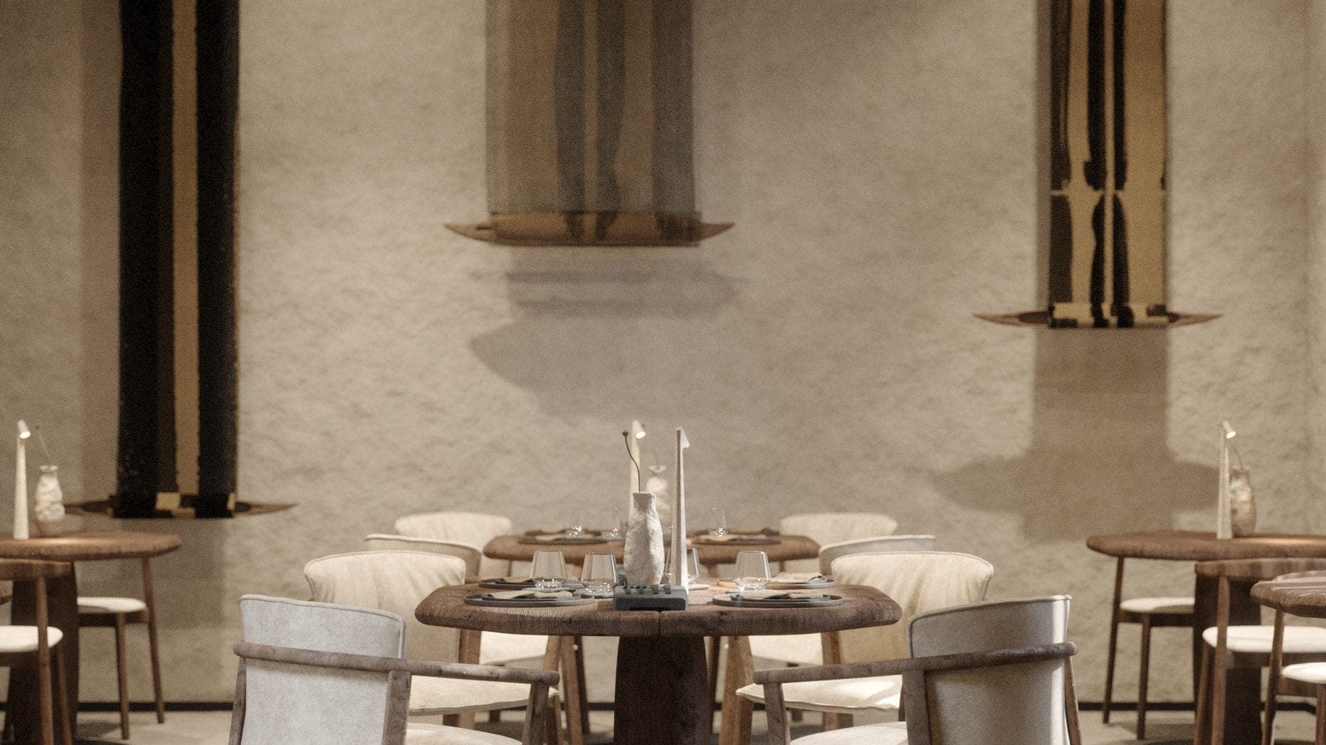 éto: dining room with round tables and woven wall hangings on textured plaster