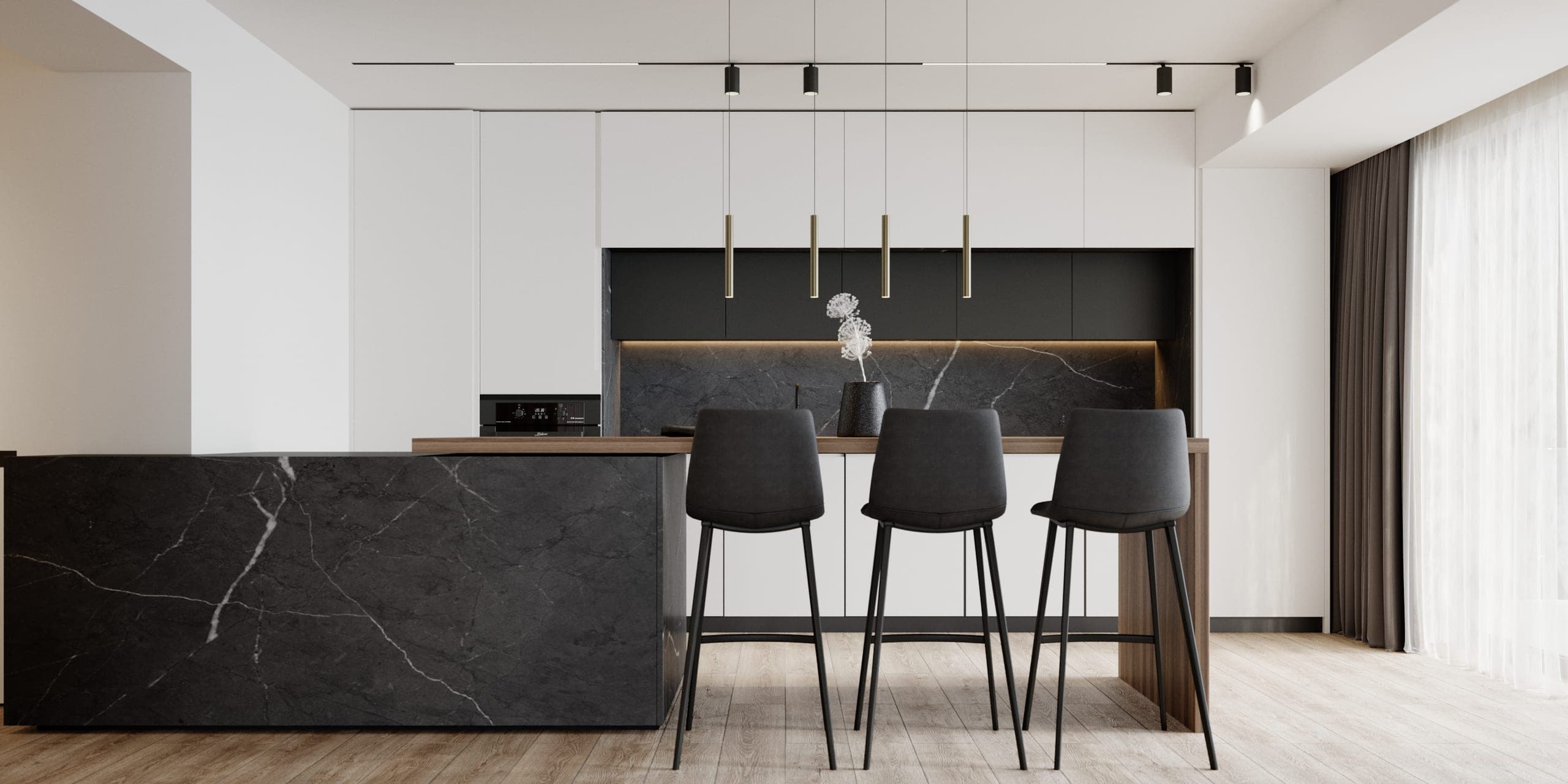 Pitești Apartment: kitchen with a dark veined stone island, bar stools and white cabinets