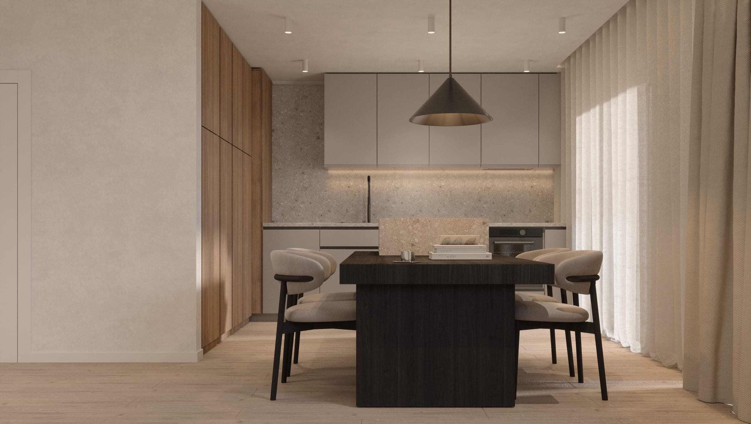 Băneasa House: kitchen and dining area with timber cabinetry and a dark dining table