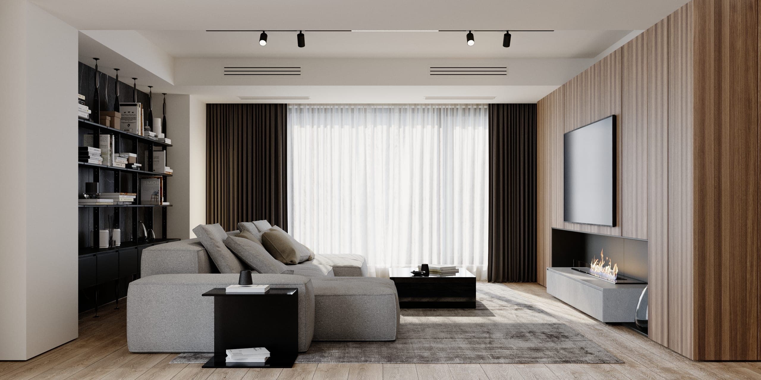 Pitești Apartment: living room with a grey sofa, dark shelving and a ribbed timber fireplace wall