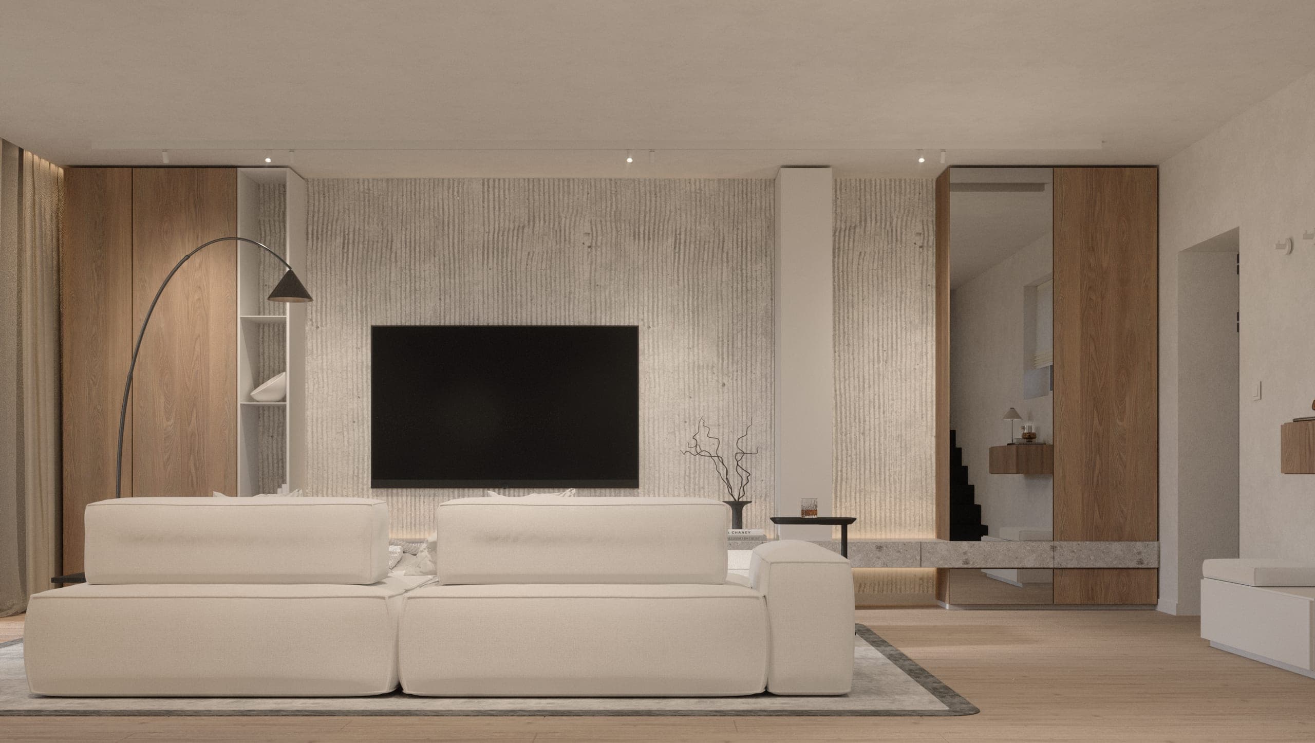 Băneasa House: living room with a white modular sofa facing the television wall