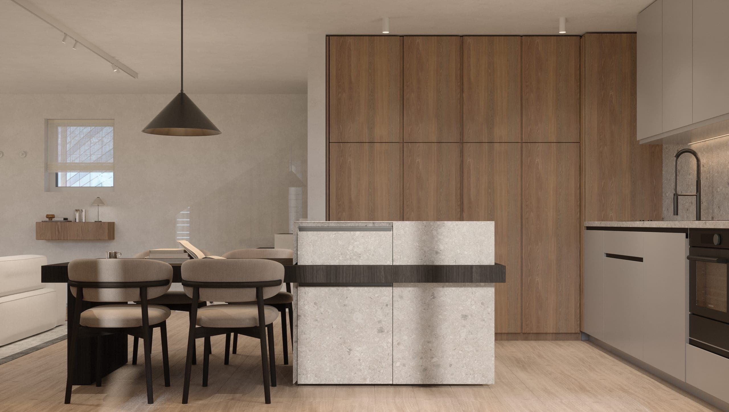Băneasa House: dining table and stone kitchen island in front of full-height timber cabinets