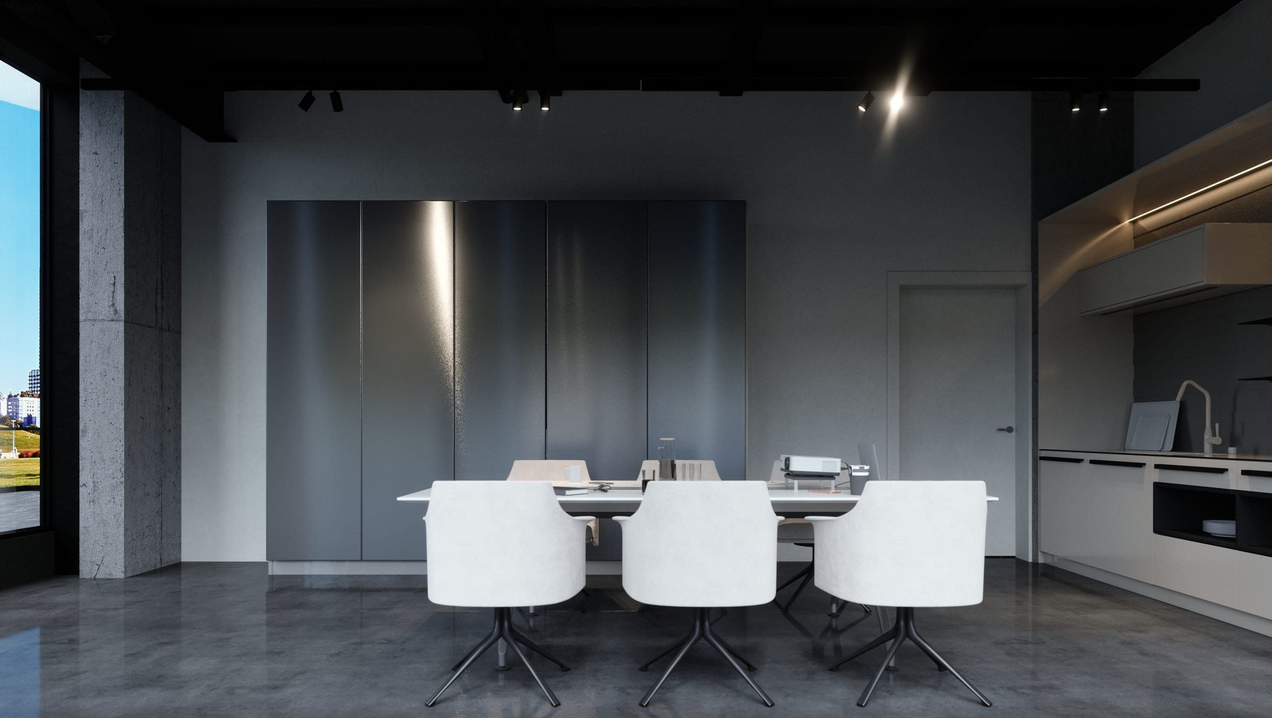 Plus Auto: meeting table with white chairs in front of metal-finish cabinets