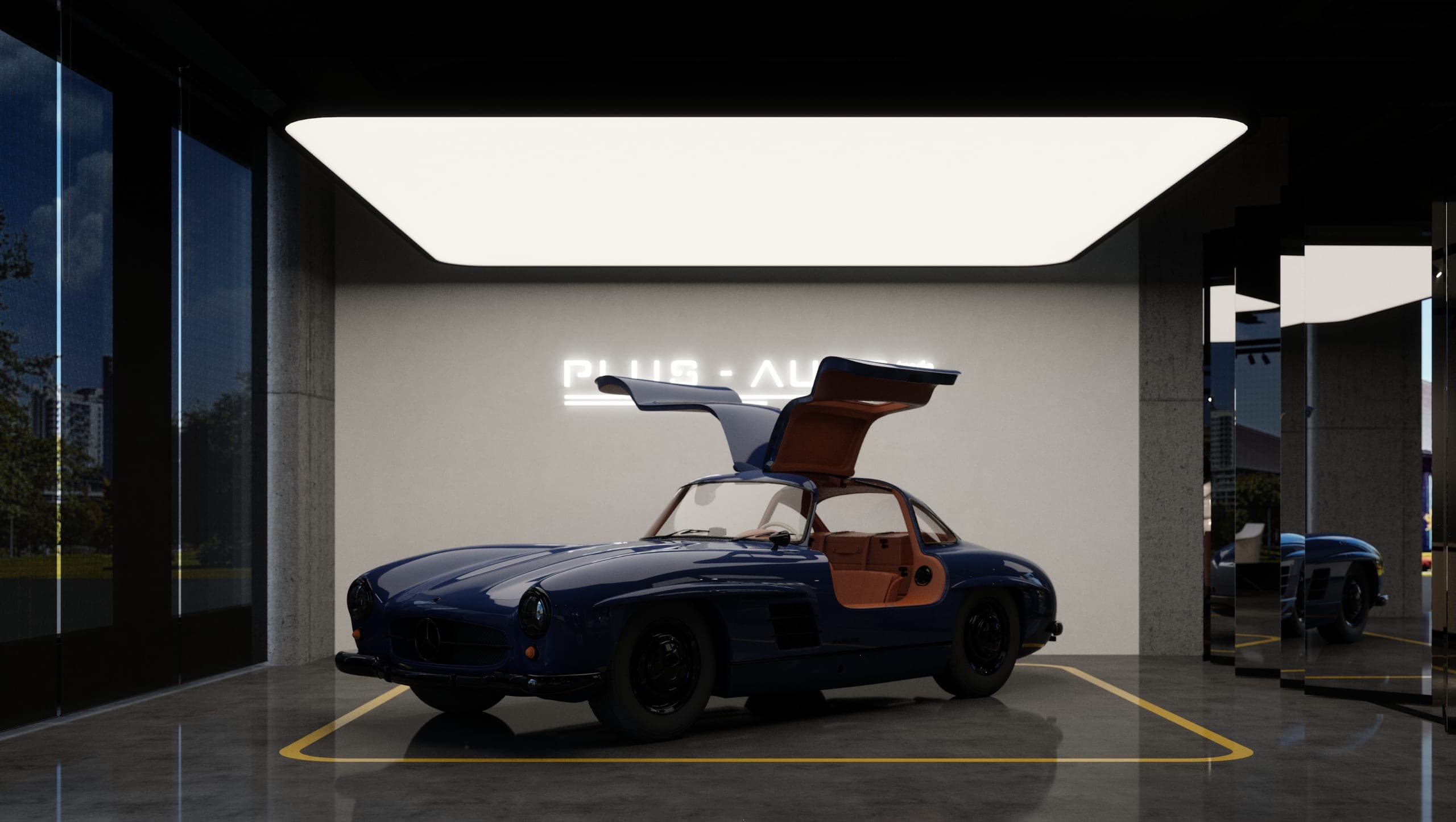 Plus Auto: classic blue gullwing coupé on display beneath a luminous ceiling panel