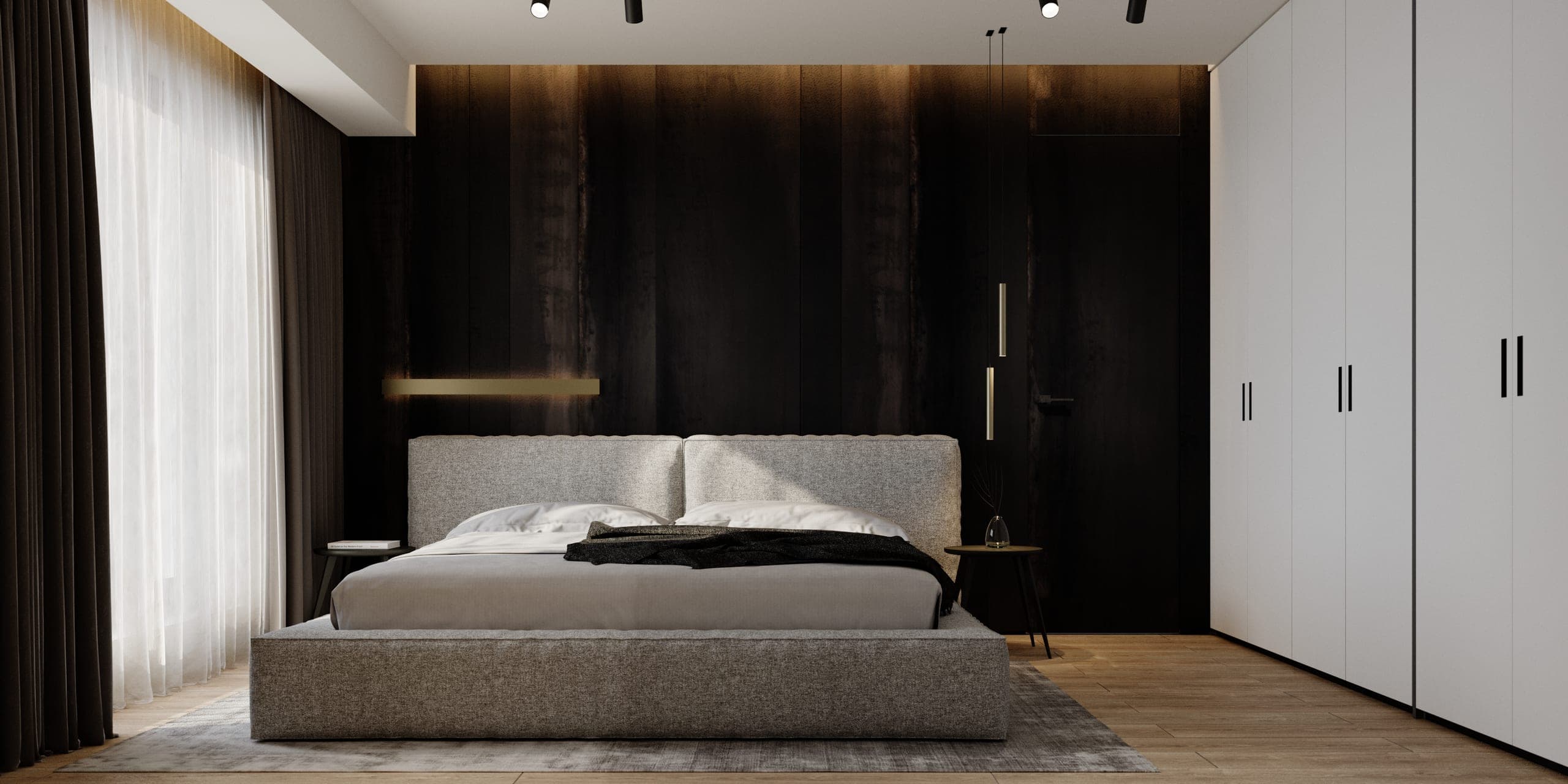 Pitești Apartment: bedroom with a dark timber wall behind a grey upholstered bed