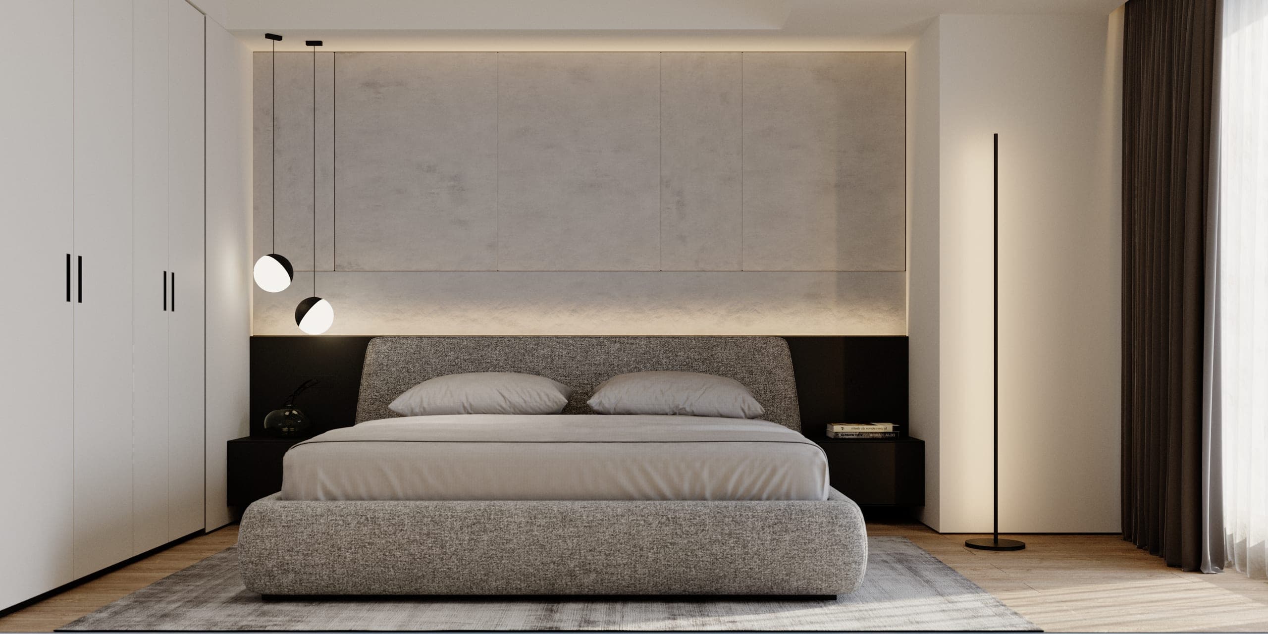 Pitești Apartment: bedroom with a grey upholstered bed, pale stone panel and a slim floor lamp