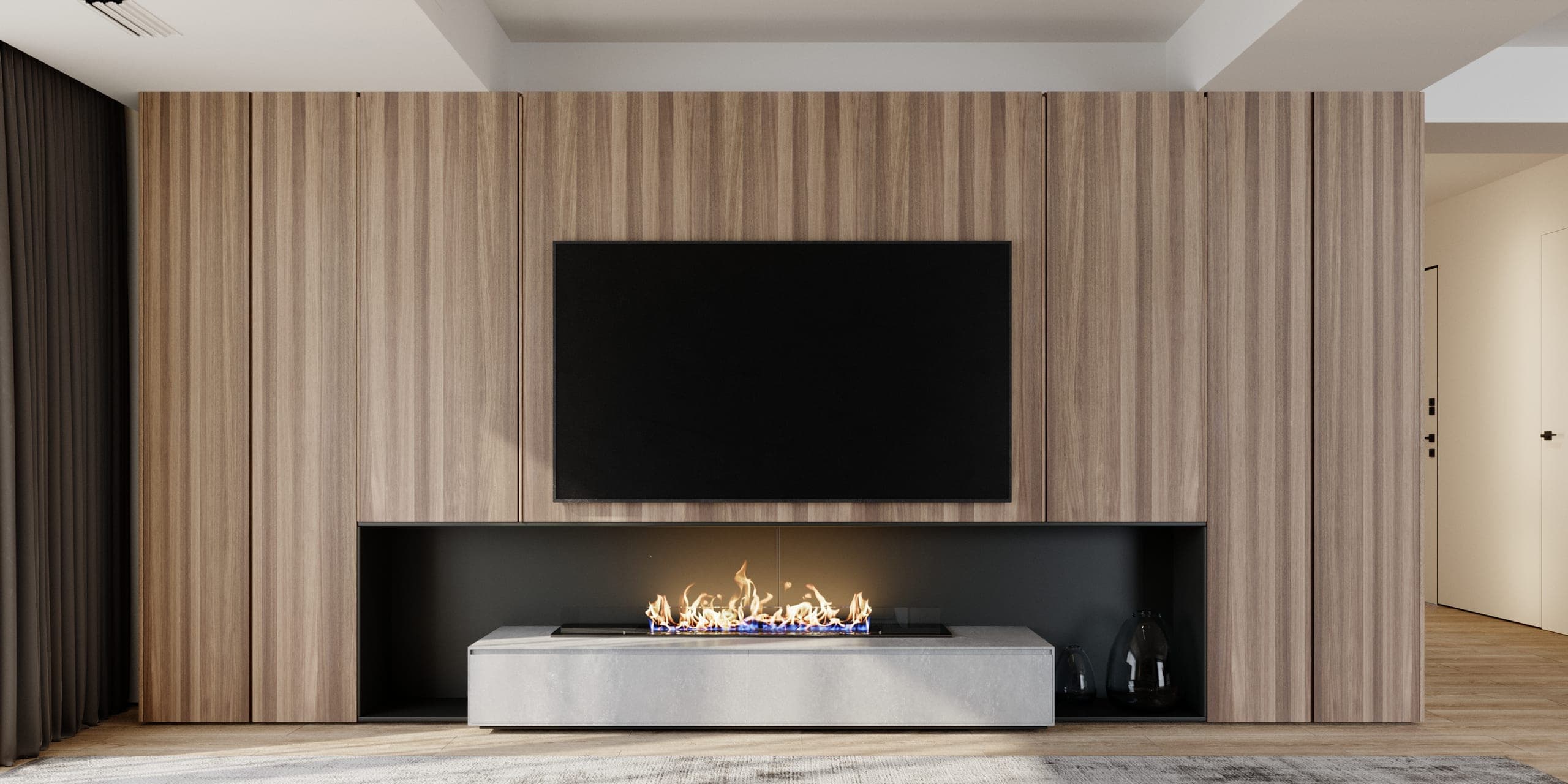 Pitești Apartment: ribbed timber media wall with a linear fireplace
