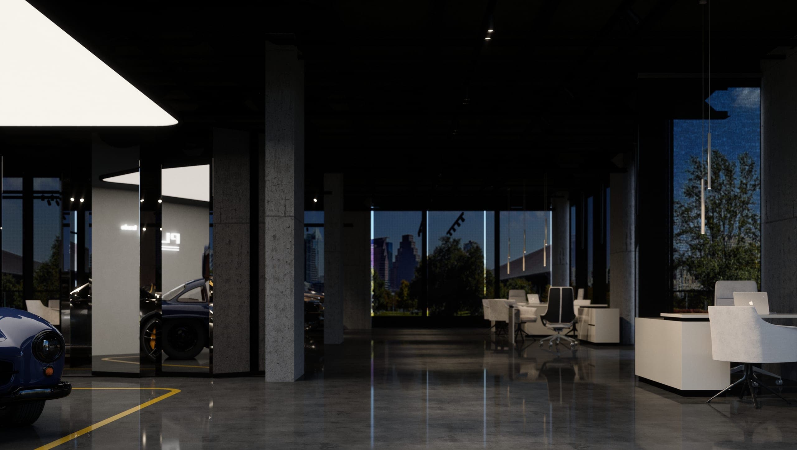Plus Auto: showroom view past concrete columns towards the windows