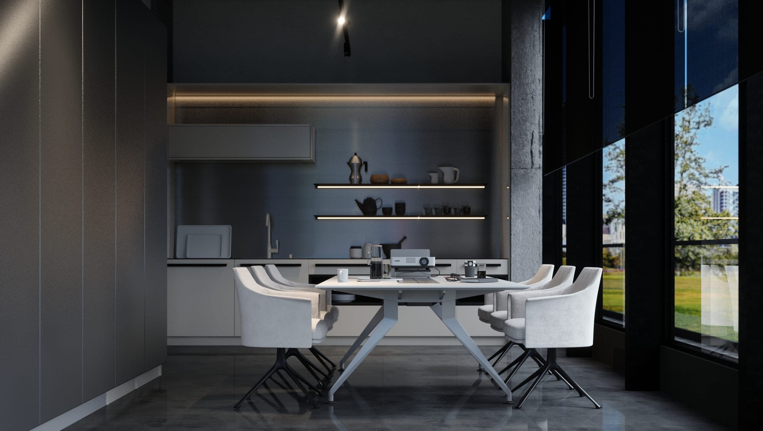 Plus Auto: meeting room with a white table, kitchenette and a tall window