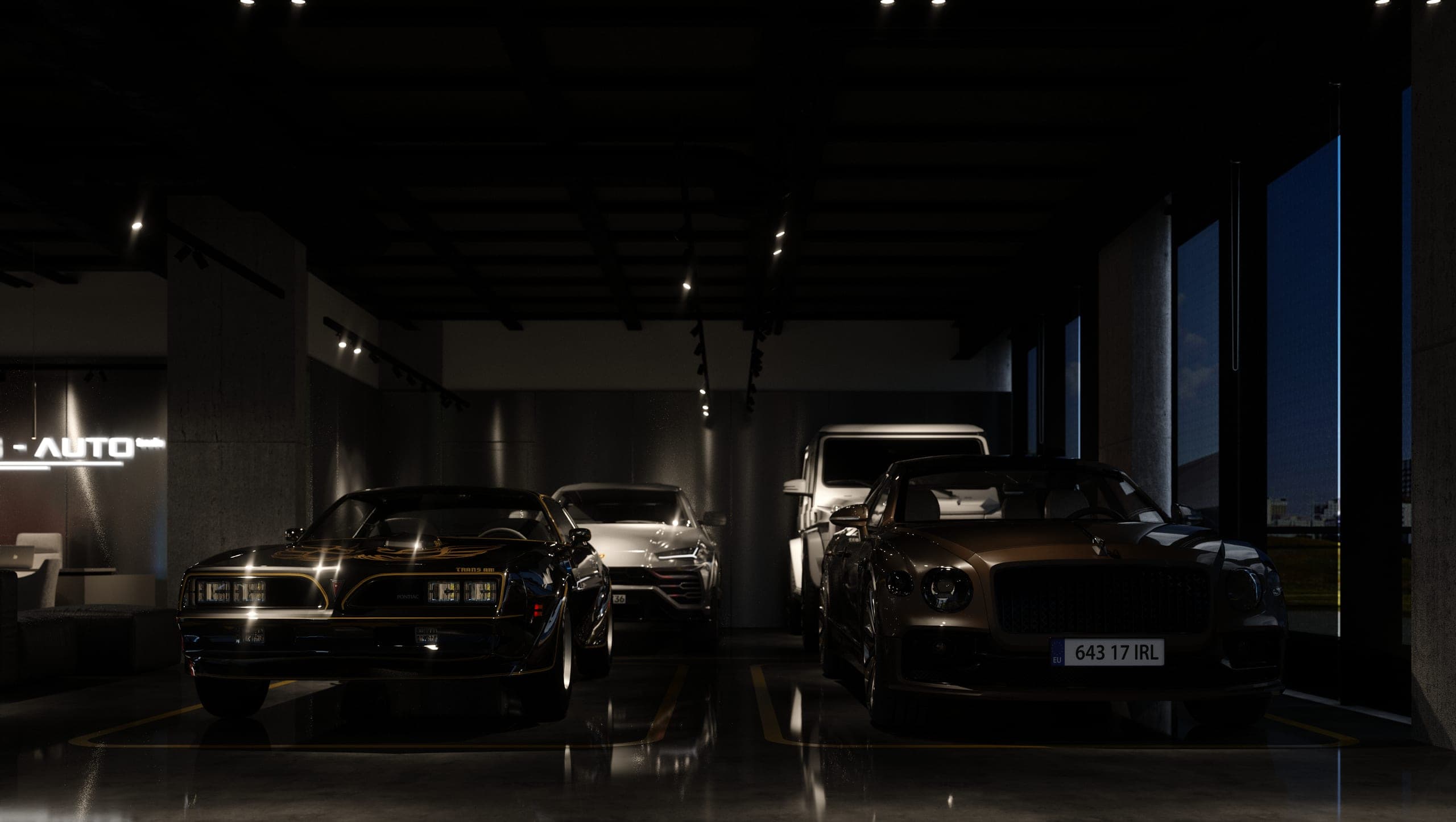 Plus Auto: cars on display in the dark showroom