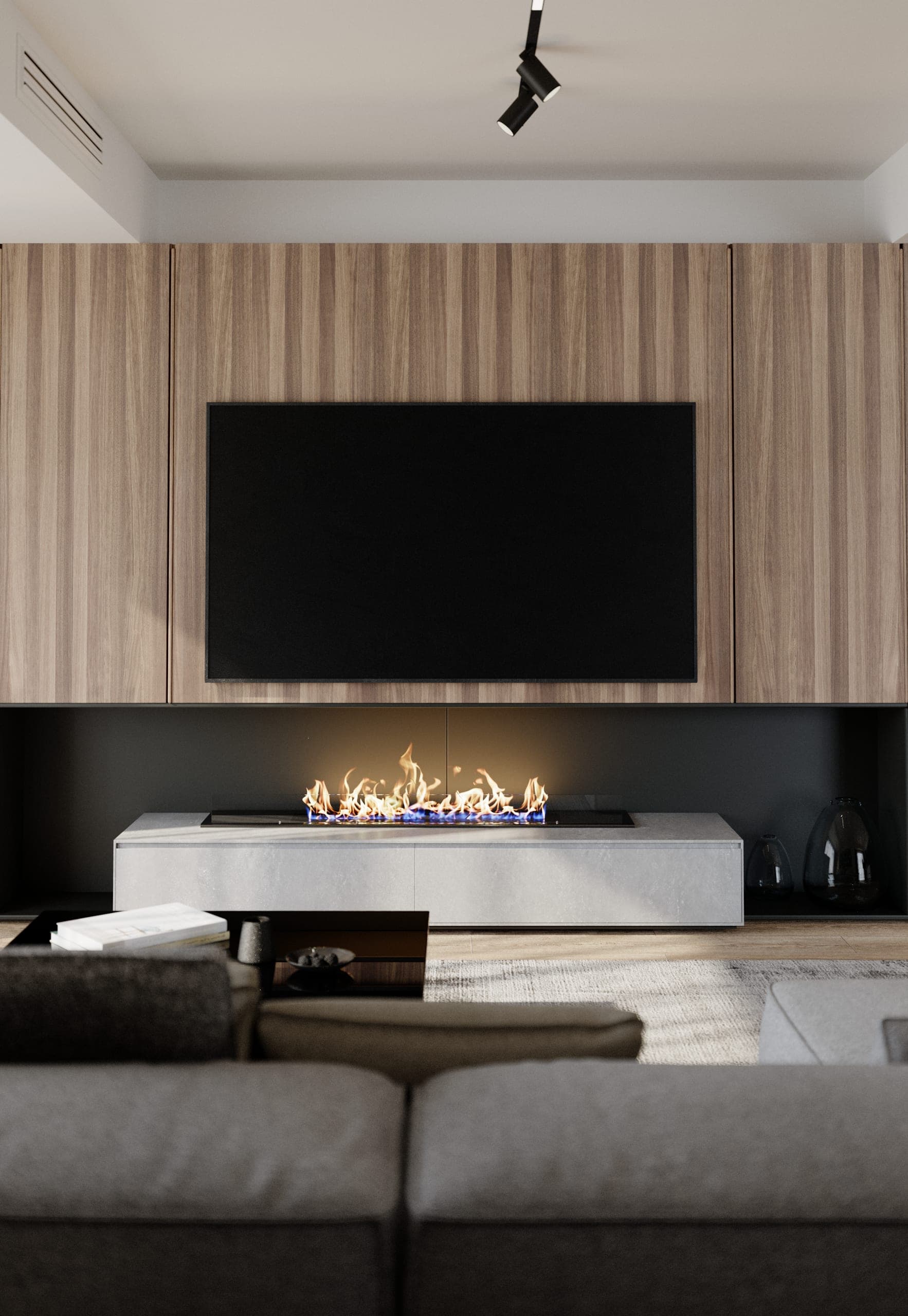 Pitești Apartment: linear fireplace below the television in a ribbed timber wall