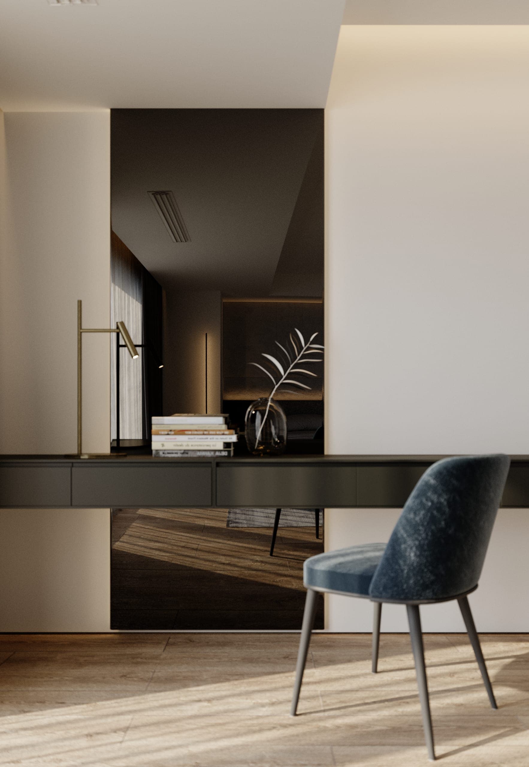 Pitești Apartment: dressing table with a blue velvet chair and a tall mirror