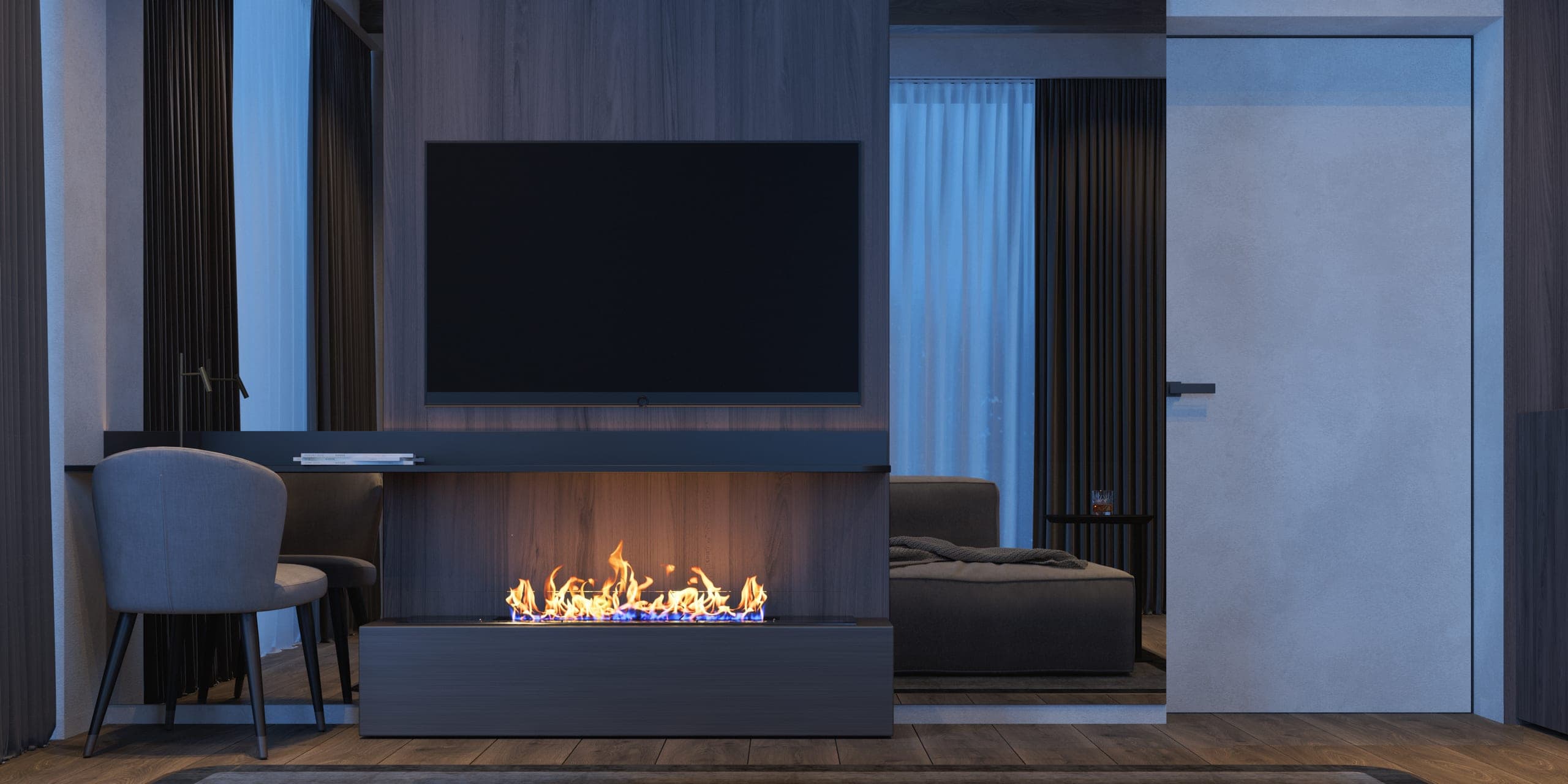 Hotel Peștera studio apartment: living area with a linear fireplace below the television