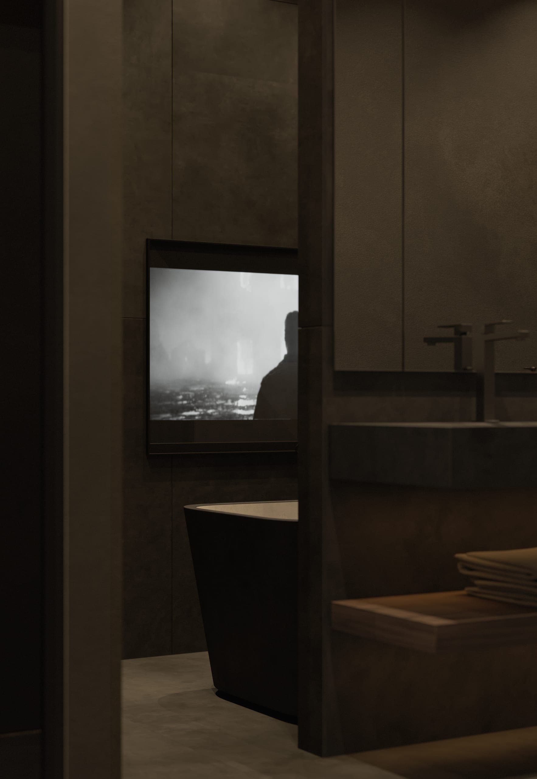 Hotel Peștera studio apartment: dark bathroom with a bathtub and wall-mounted screen