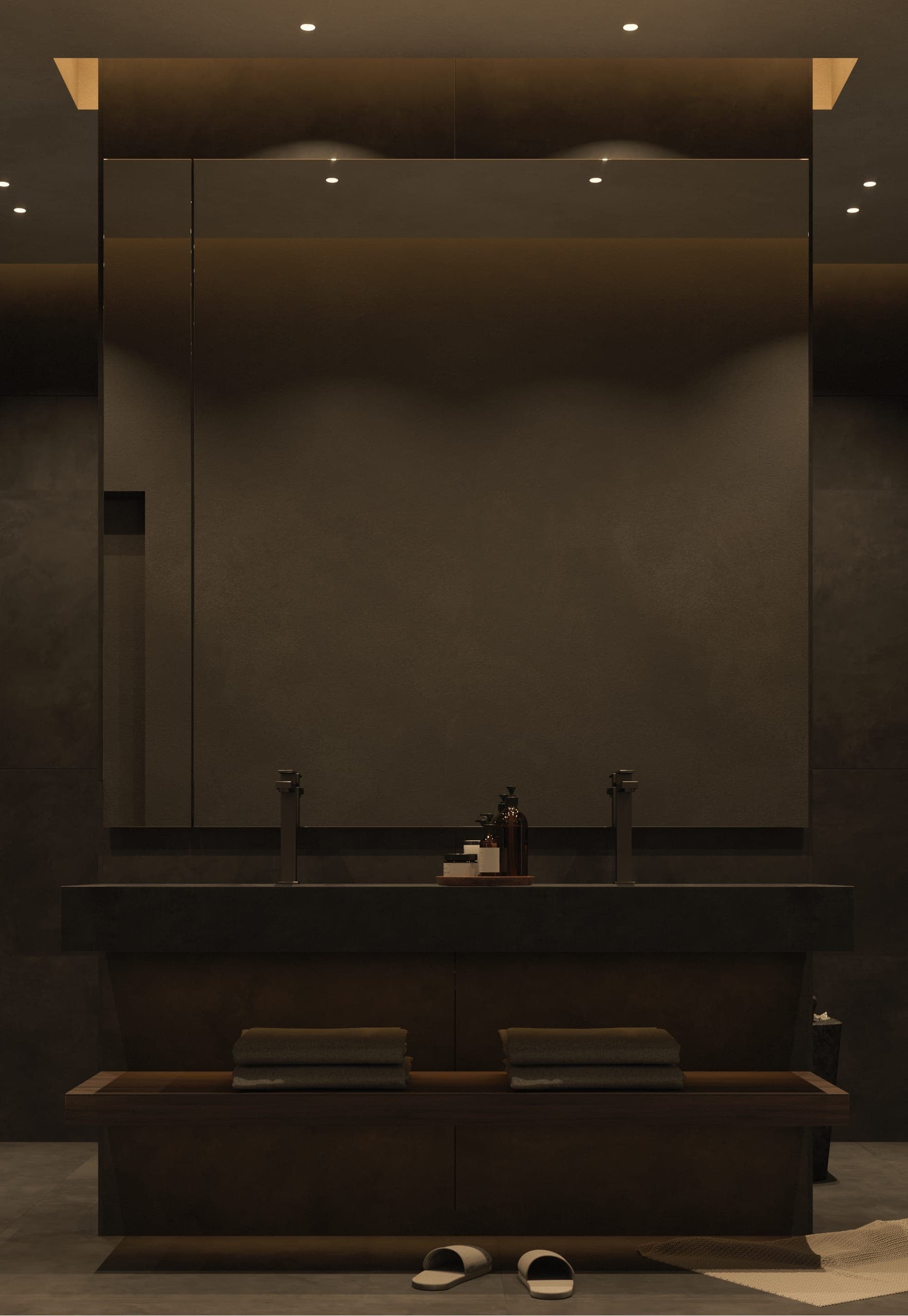 Hotel Peștera studio apartment: double vanity beneath a wide mirror