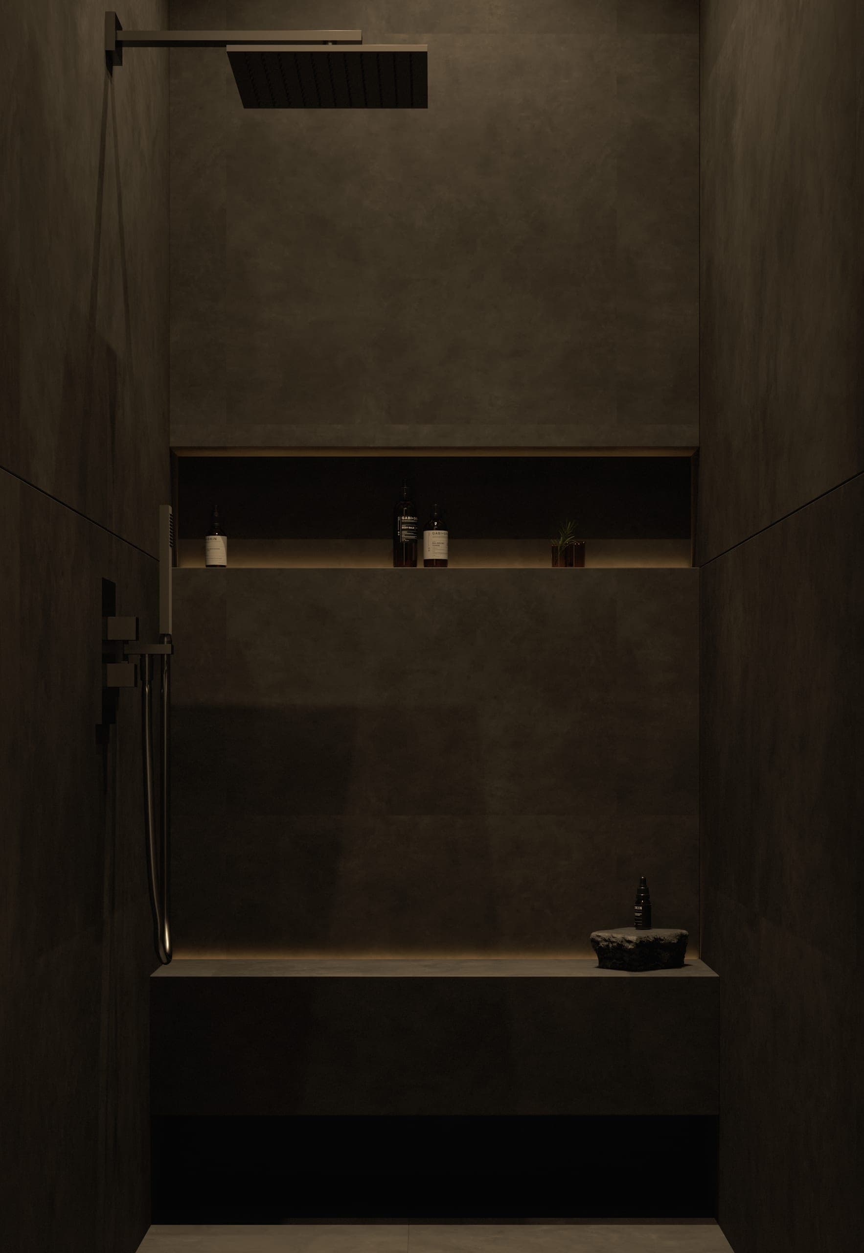 Hotel Peștera studio apartment: walk-in shower with a lit niche